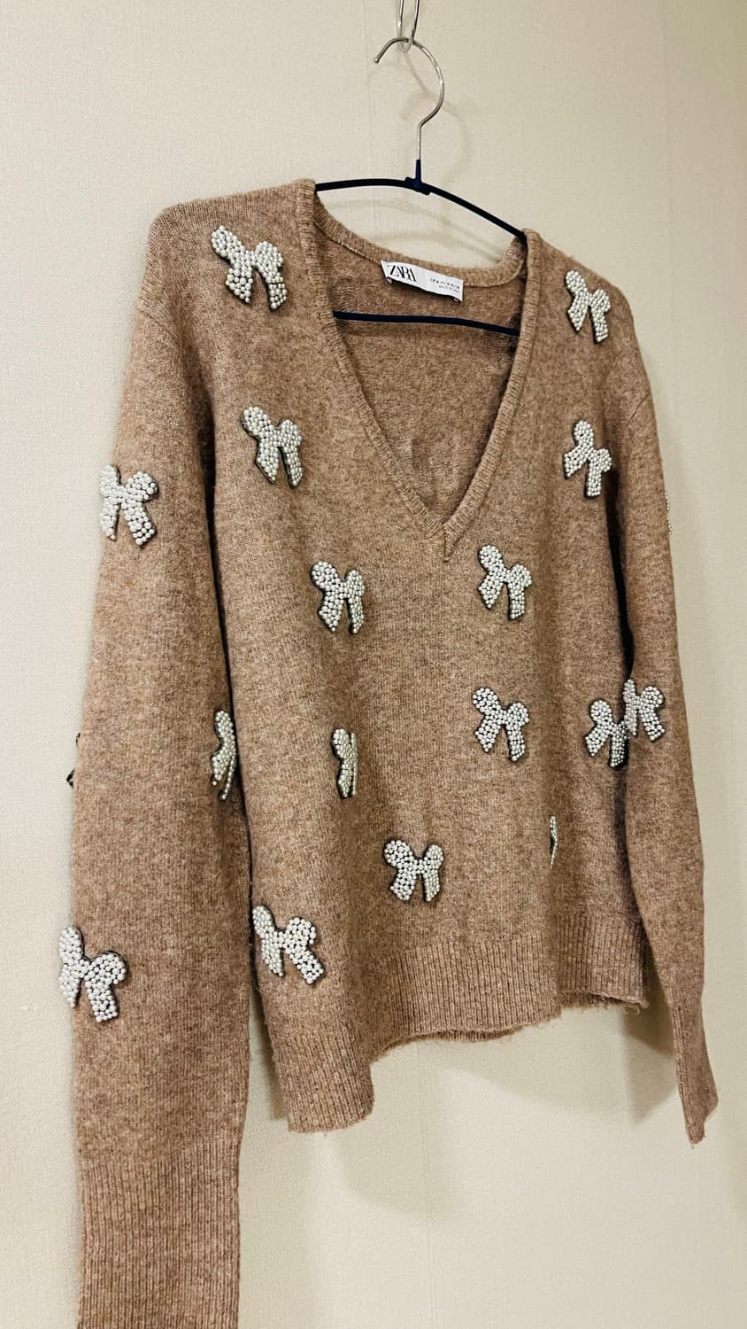 자라 진주 리본 오브제 브이넥 울 니트 정가 9만원대 상품이미지4