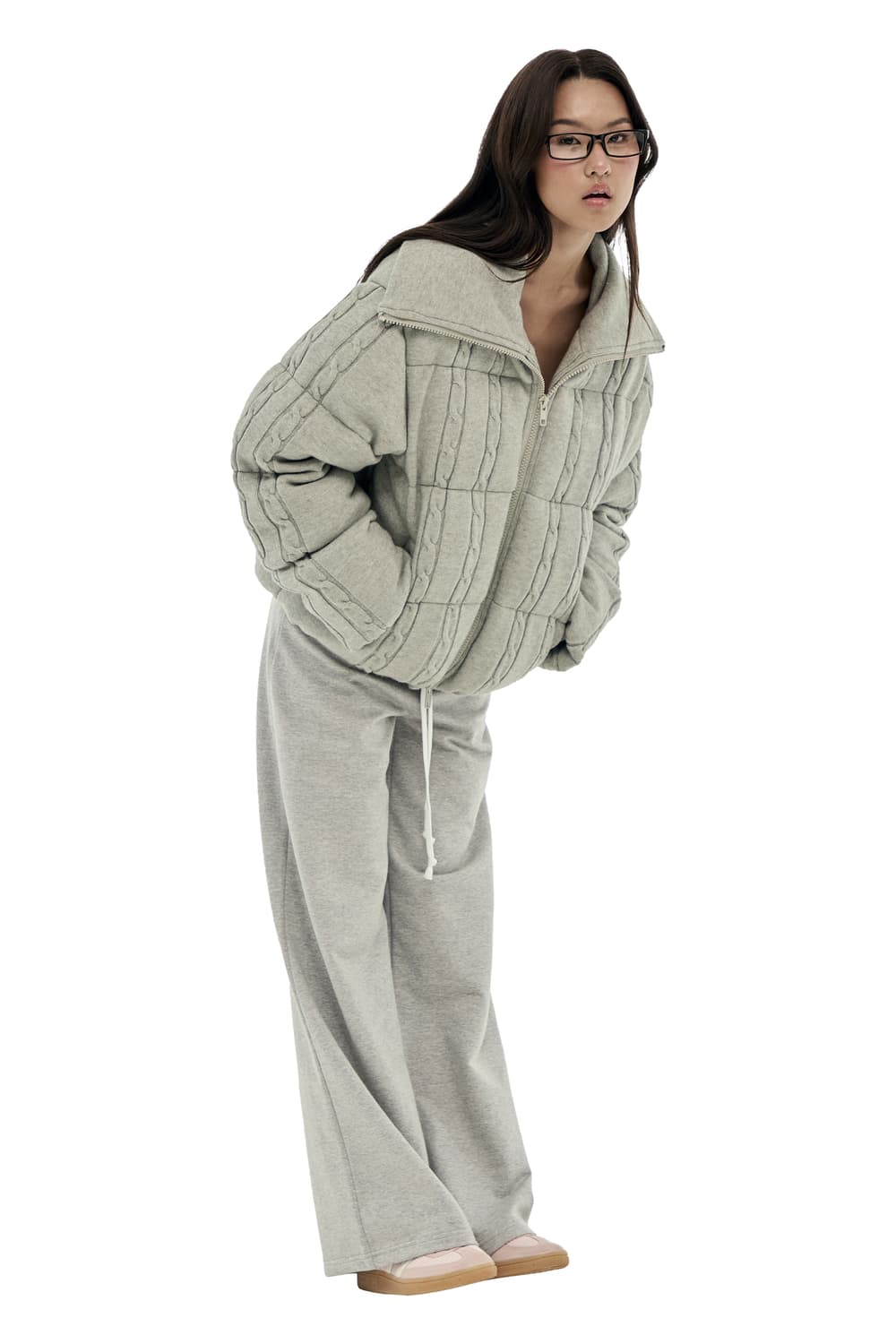 클리시어 케이블 니트 푸퍼 패딩 그레이 상품이미지3