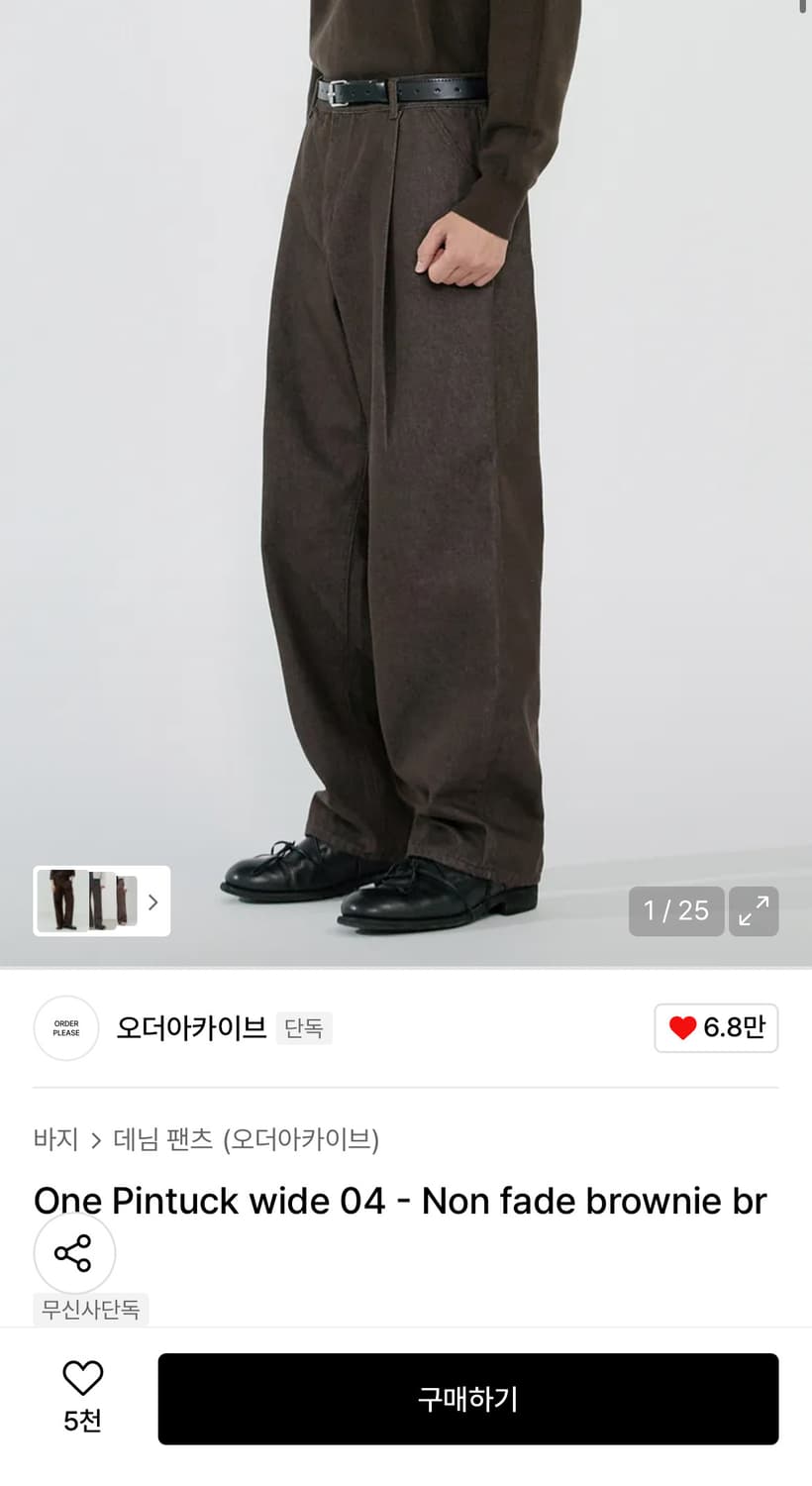 오더아카이브 논페이드 원 핀턱 와이드 팬츠 (브라운) 상품이미지1
