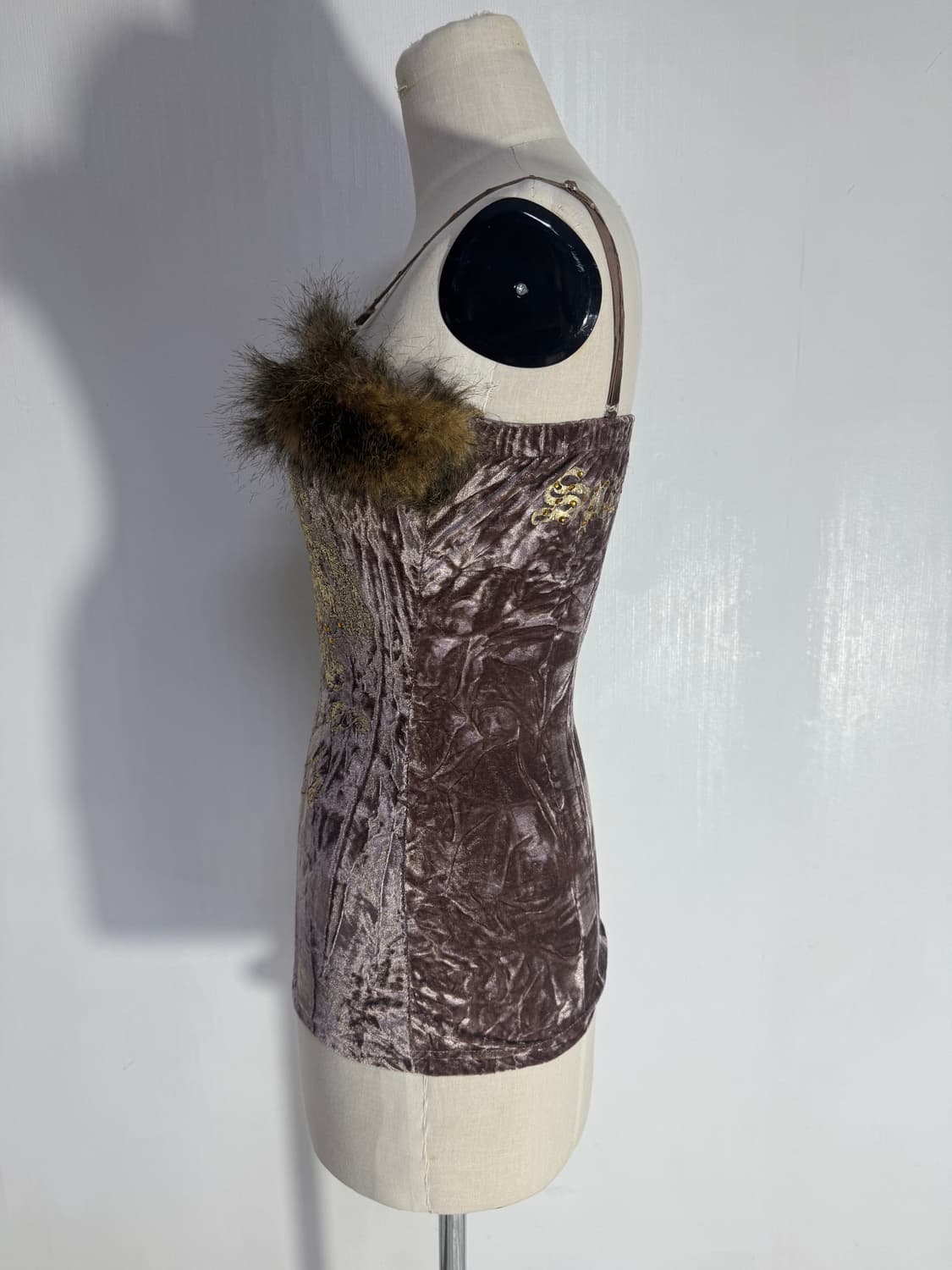 빈티지 스컬 레터링 벨벳 퍼 트리밍 캐미솔 y2k glam 펑크  상품이미지2