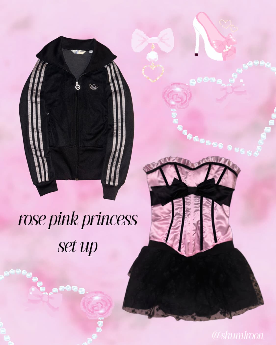 [셋업] 갸루 핑크리본탑 코르셋 아디다스 큐빅져지 상품이미지1