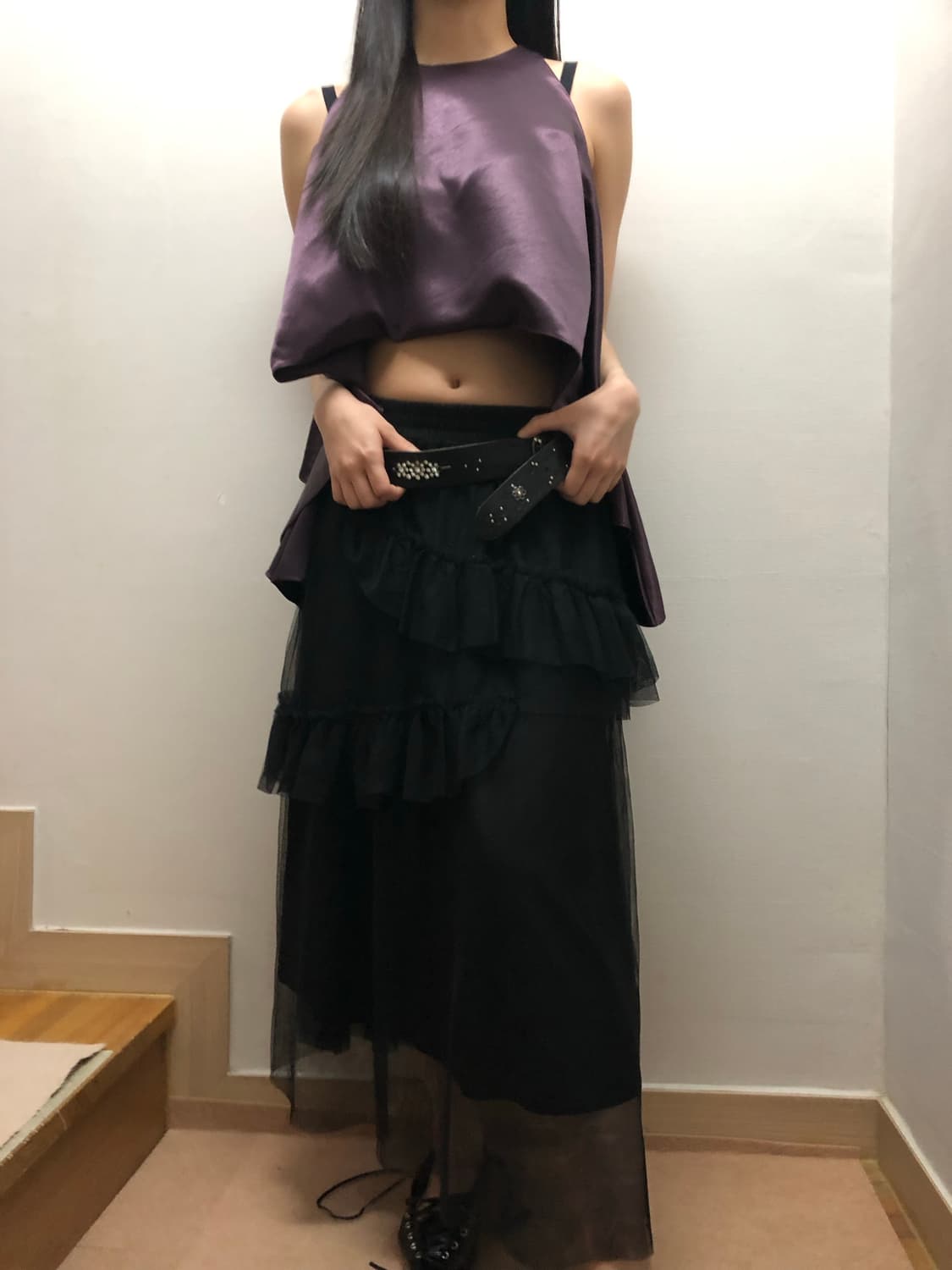 빈티지 블랙 레이스 러플 롱 스커트 상품이미지6