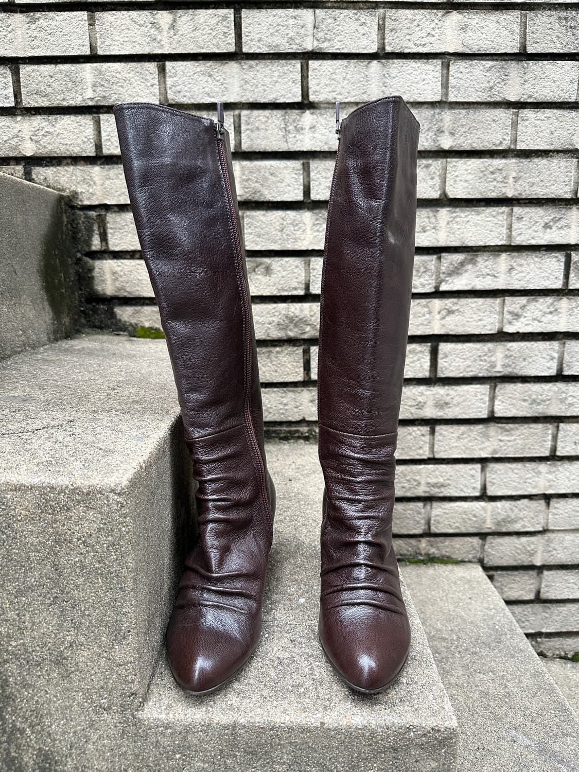 VIntage Brown Shirring Mid-Heel Boots 상품이미지3