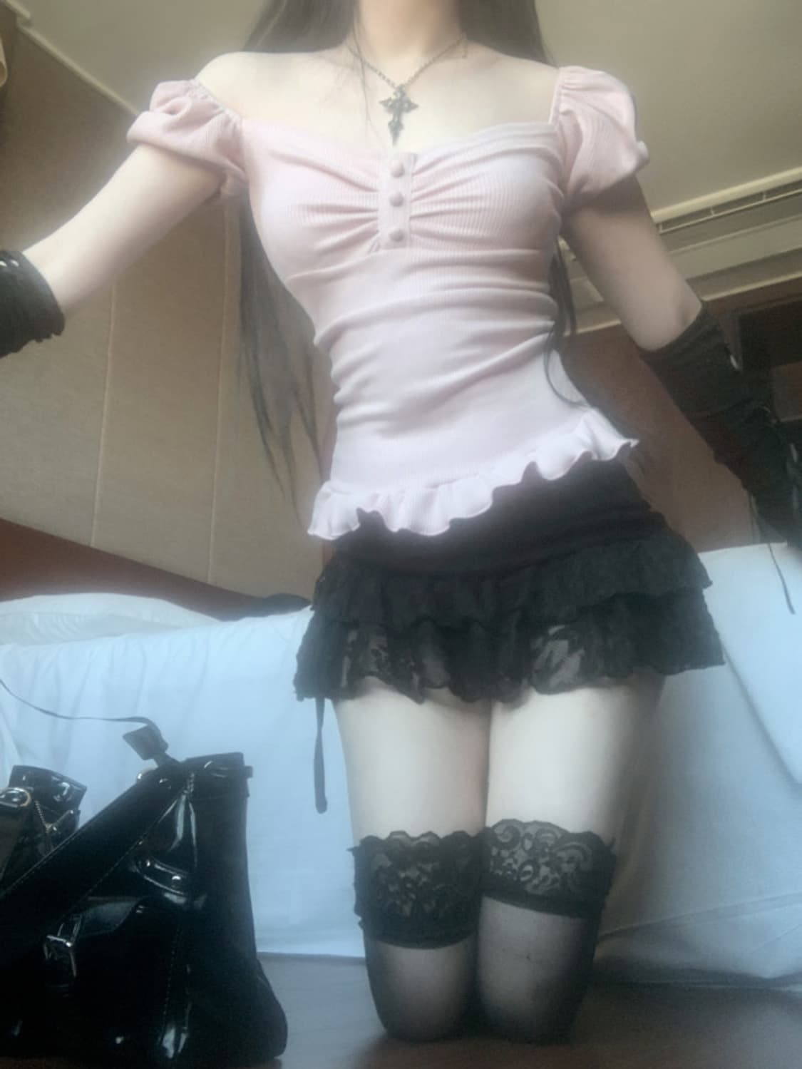 (새상품) 스젠 Rudica Puff Frill Top 핑크 판매  상품이미지2