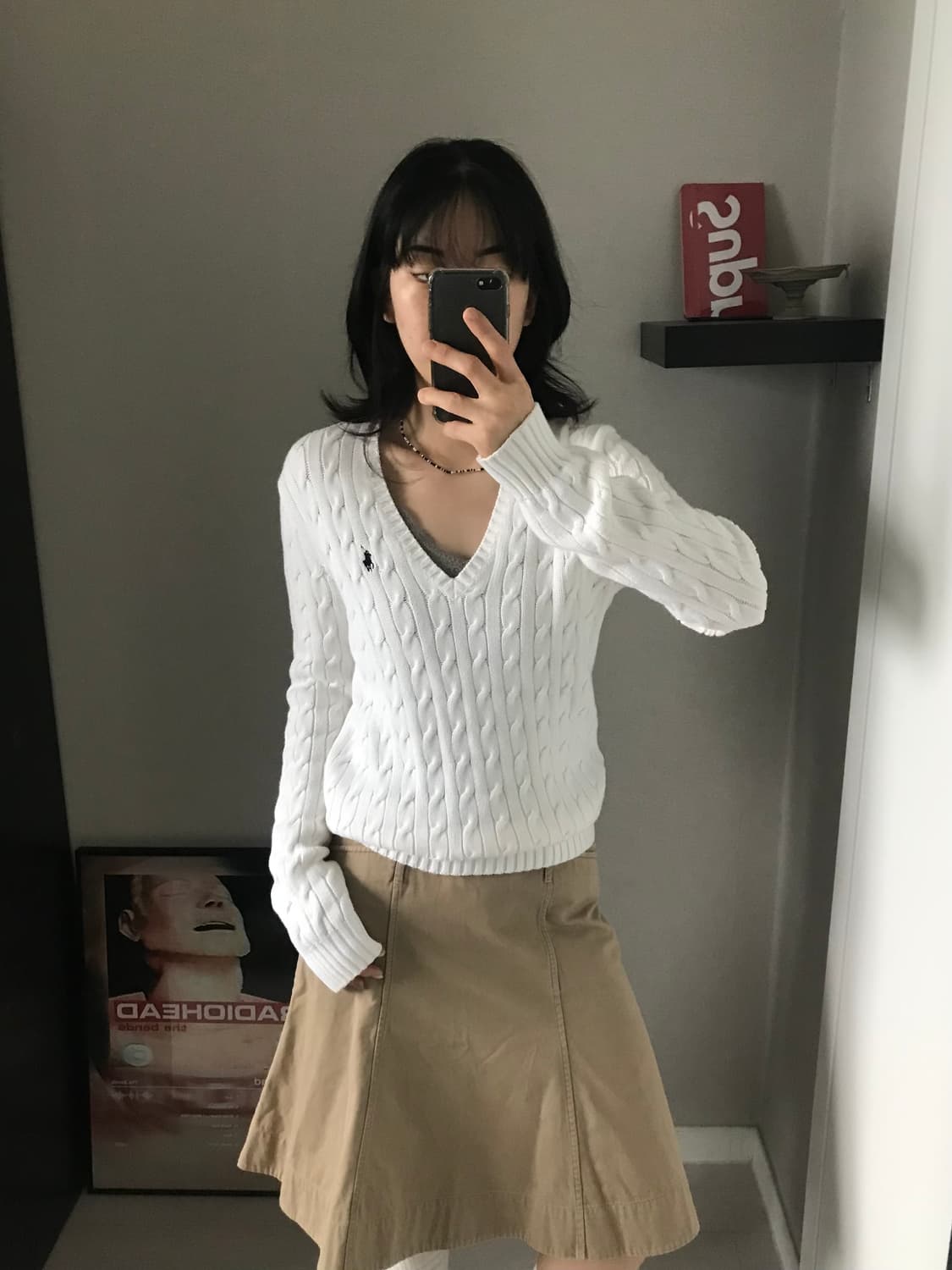 폴로 랄프로렌 포니 로고 화이트 브이넥 케이블 니트 상품이미지4