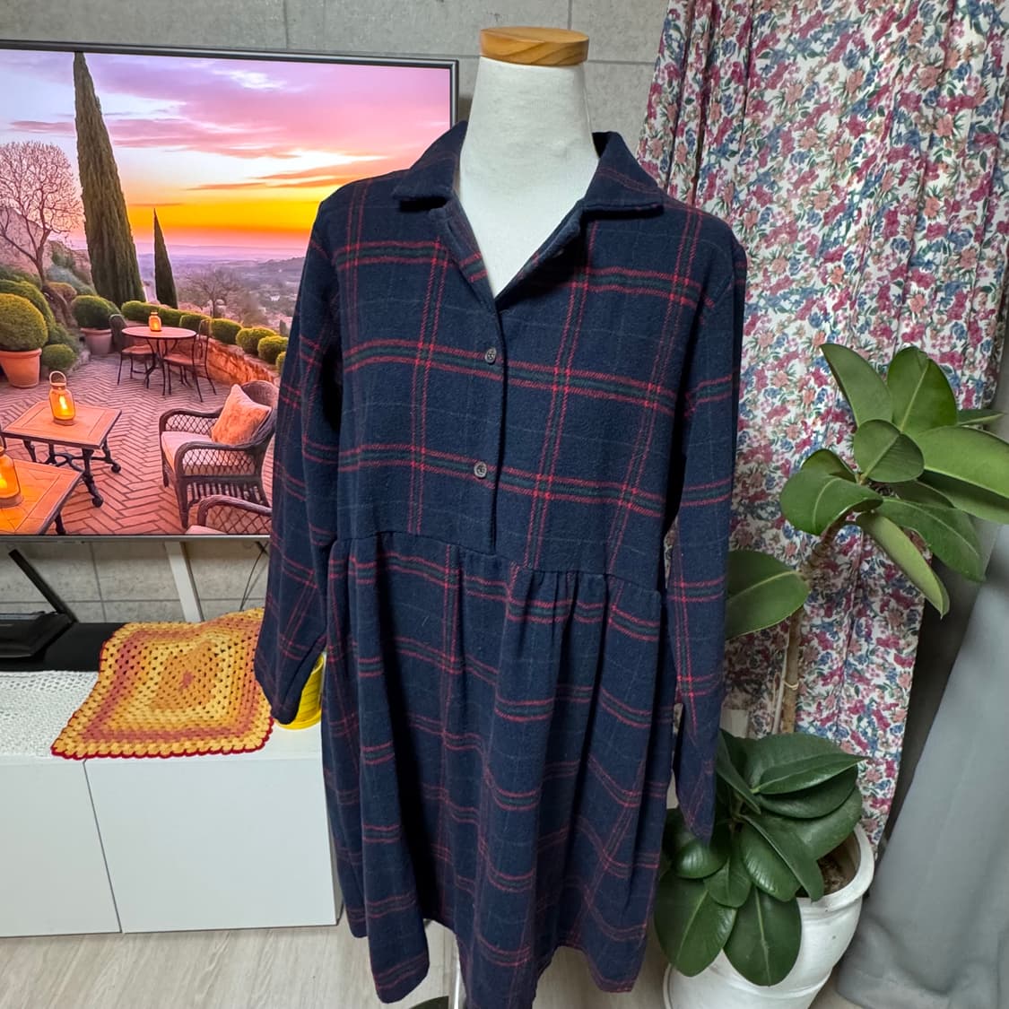 네이비 레드체크 카라 긴팔 모직 원피스 빈티지스타일 상품이미지6