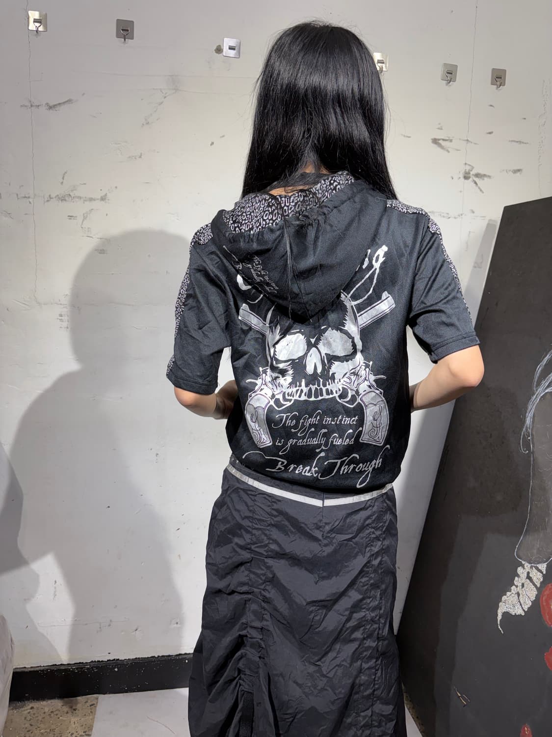 Jpn 일본 빈티지 갸루깔 빅로고 해골 펑크 고딕 반팔 후드집업 L 상품이미지3