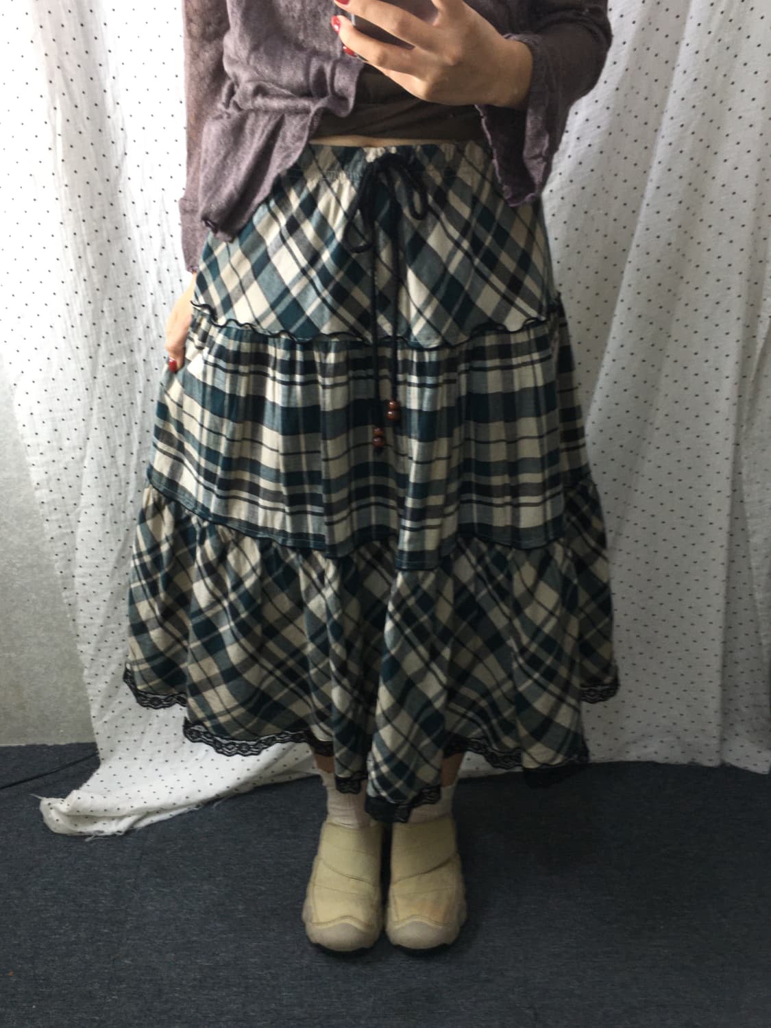 그린 체크 미디 스커트 상품이미지4