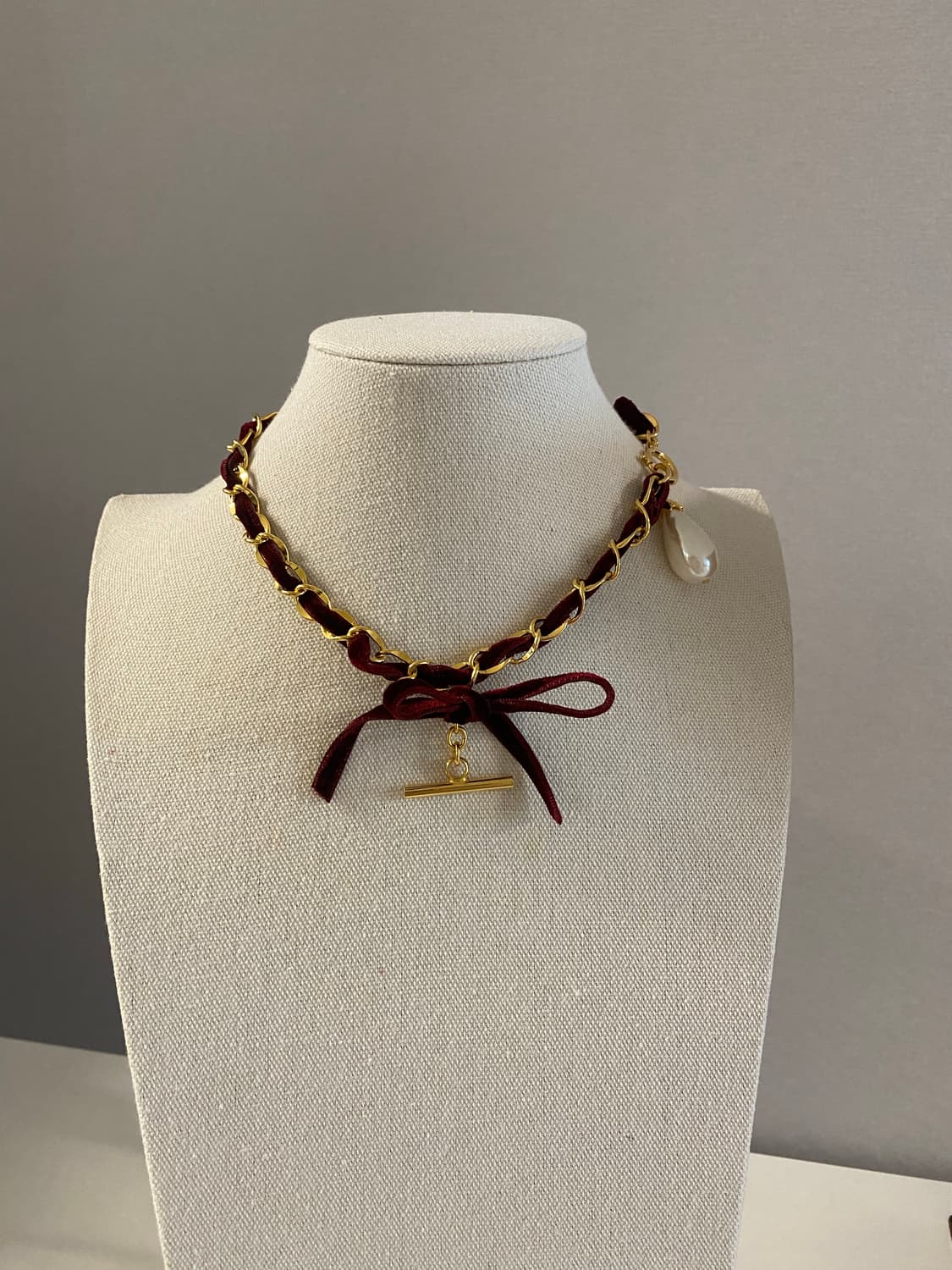 빈티지 버건디 벨벳 리본 진주 초커 상품이미지1