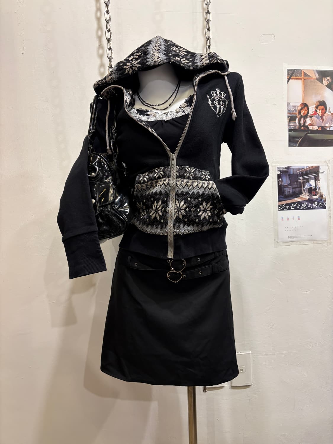 mars 마즈 하트 버클 스트랩 블랙 미디 스커트 펑크 지뢰계 갸루 상품이미지5