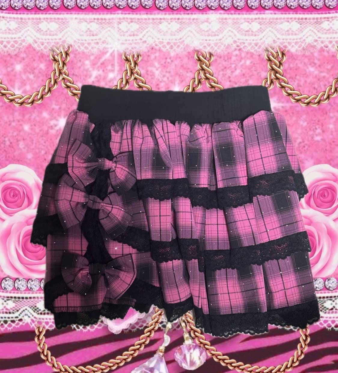 빈티지 갸루 체크 리본 프릴 스커트 상품이미지1