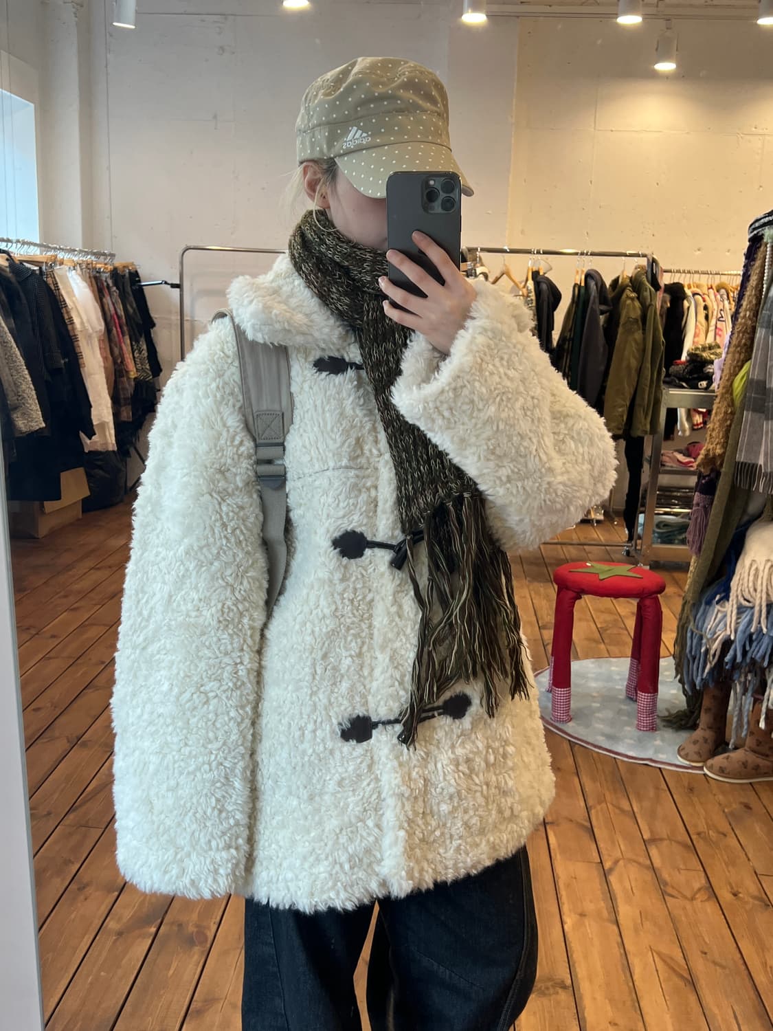 카멜 뽀글이 리버시블 미디 무스탕 상품이미지4