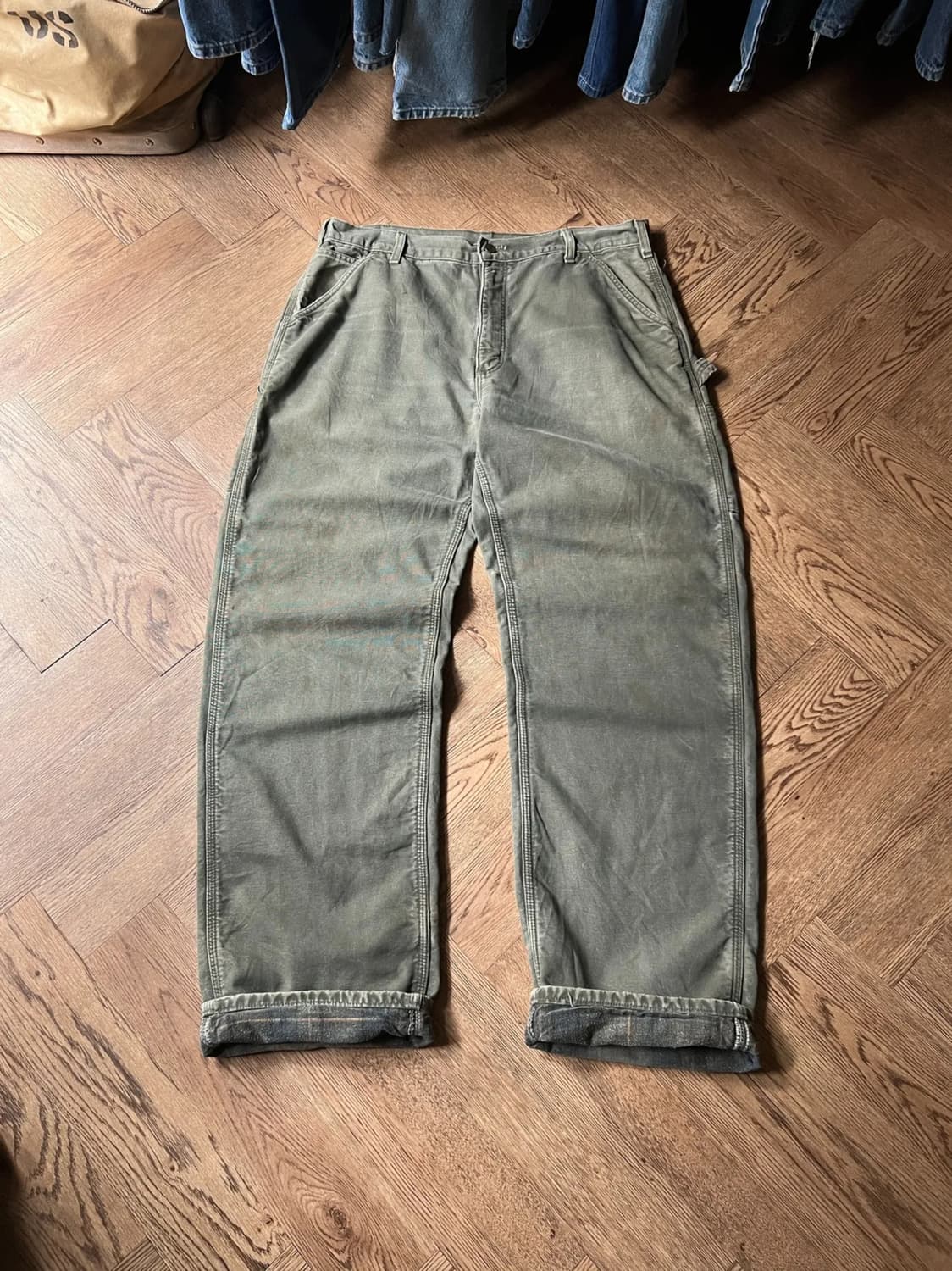 [36]칼하트 USAMade 더티워싱 모스그린 싱글니 체크라이닝 워크팬츠 상품이미지1