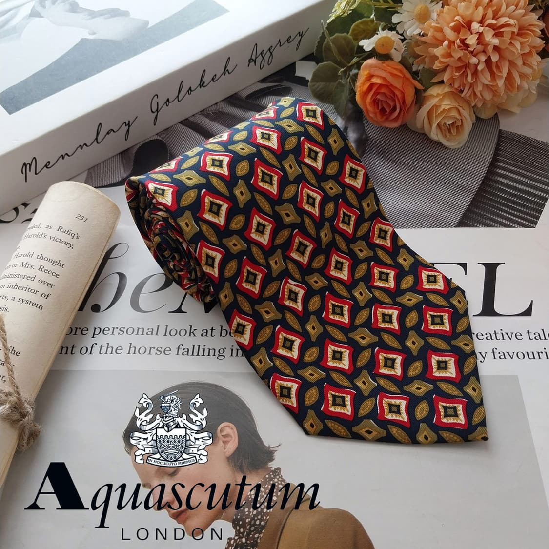 아쿠아스큐텀 네이비 올리브 패턴 넥타이 9.6cm A+등급 K2598 상품이미지2