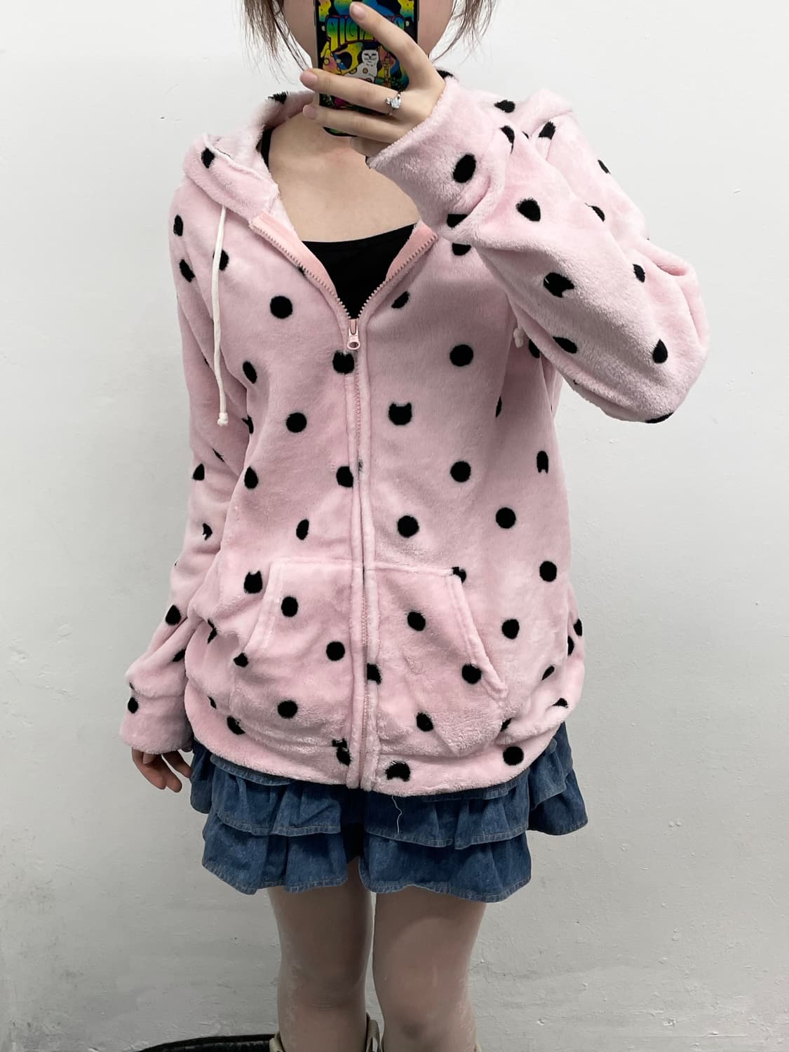 로맨틱갸루 핑크 도트 네코 플리스 후집 상품이미지2