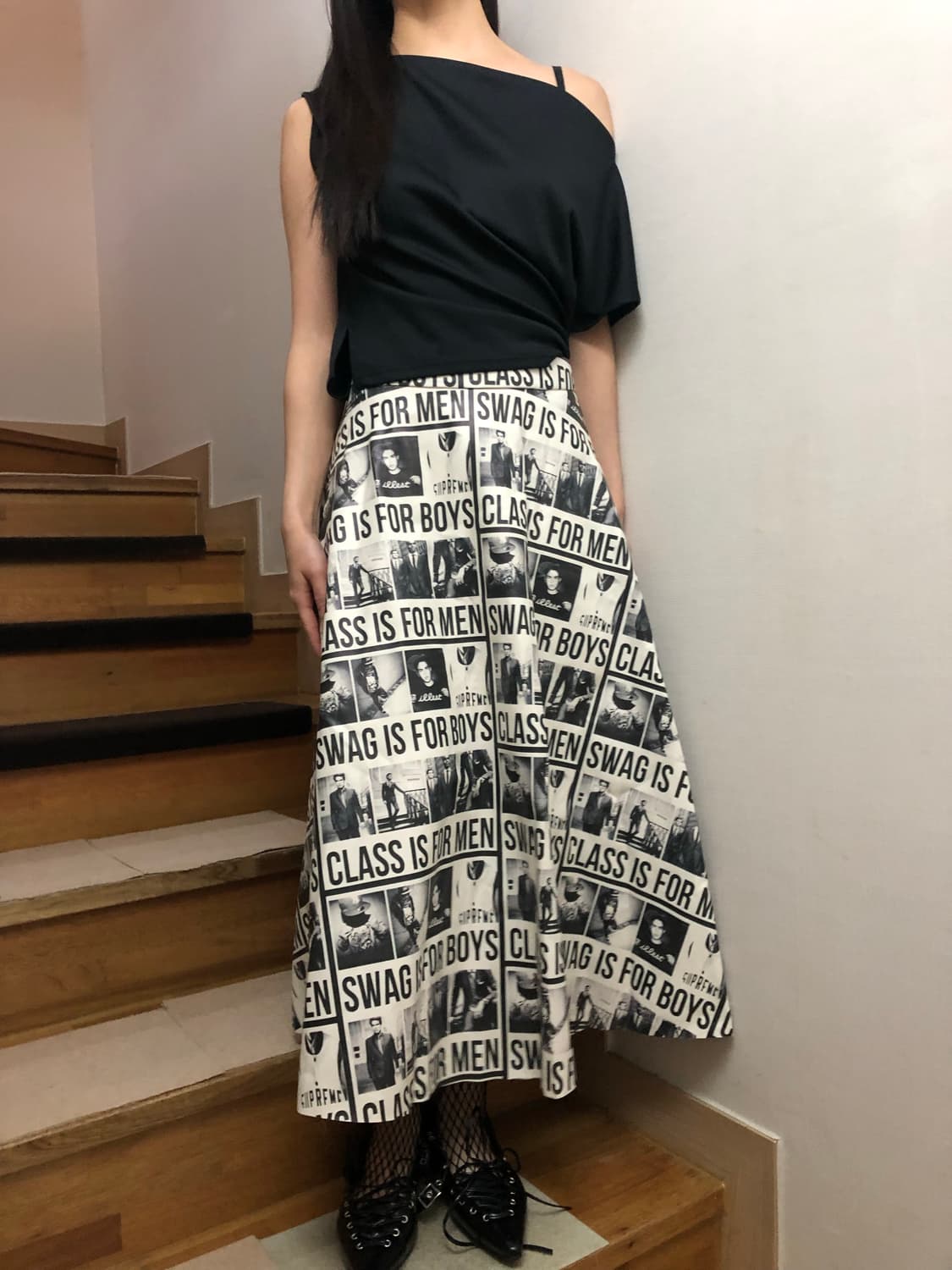 빈티지 뉴스페이퍼 프린팅 롱 스커트 상품이미지3