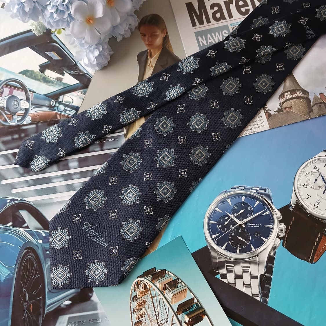 아쿠아스큐텀 실크 자카드 패턴 넥타이 9.6cm A등급 A19772
 상품이미지3