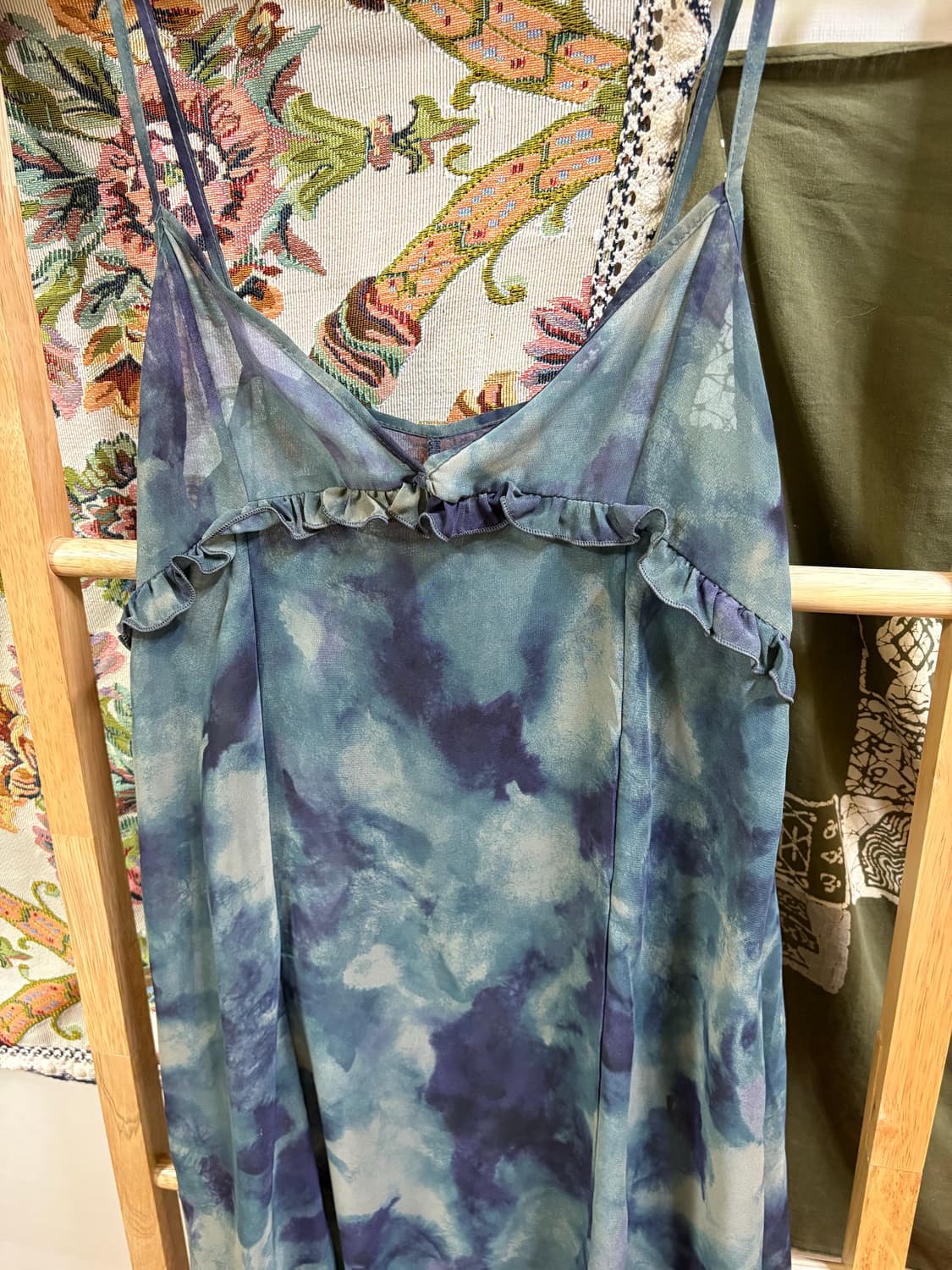 히피 모리 하구미 청록 물결 시스루 롱 원피스 상품이미지2