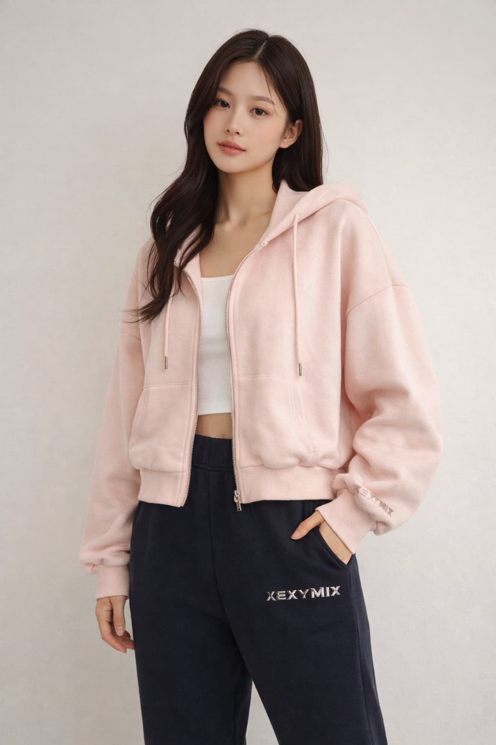 젝시믹스(XEXYMIX) 세피아 핑크 크롭 후드 집업 상품이미지1