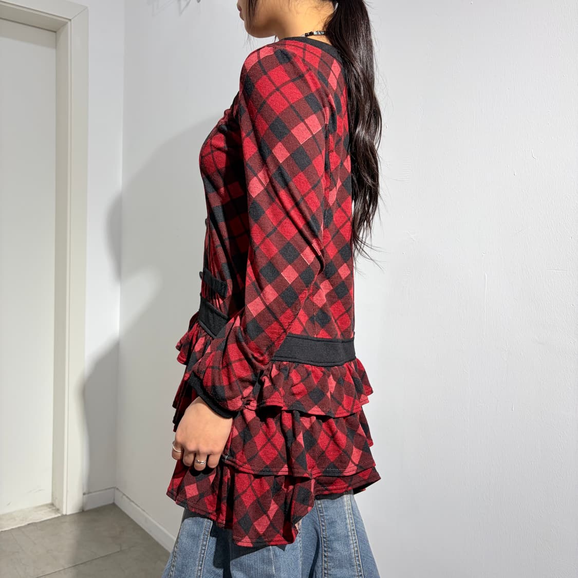 고스 체크 프릴 원피스 레이어드 티셔츠 상품이미지4