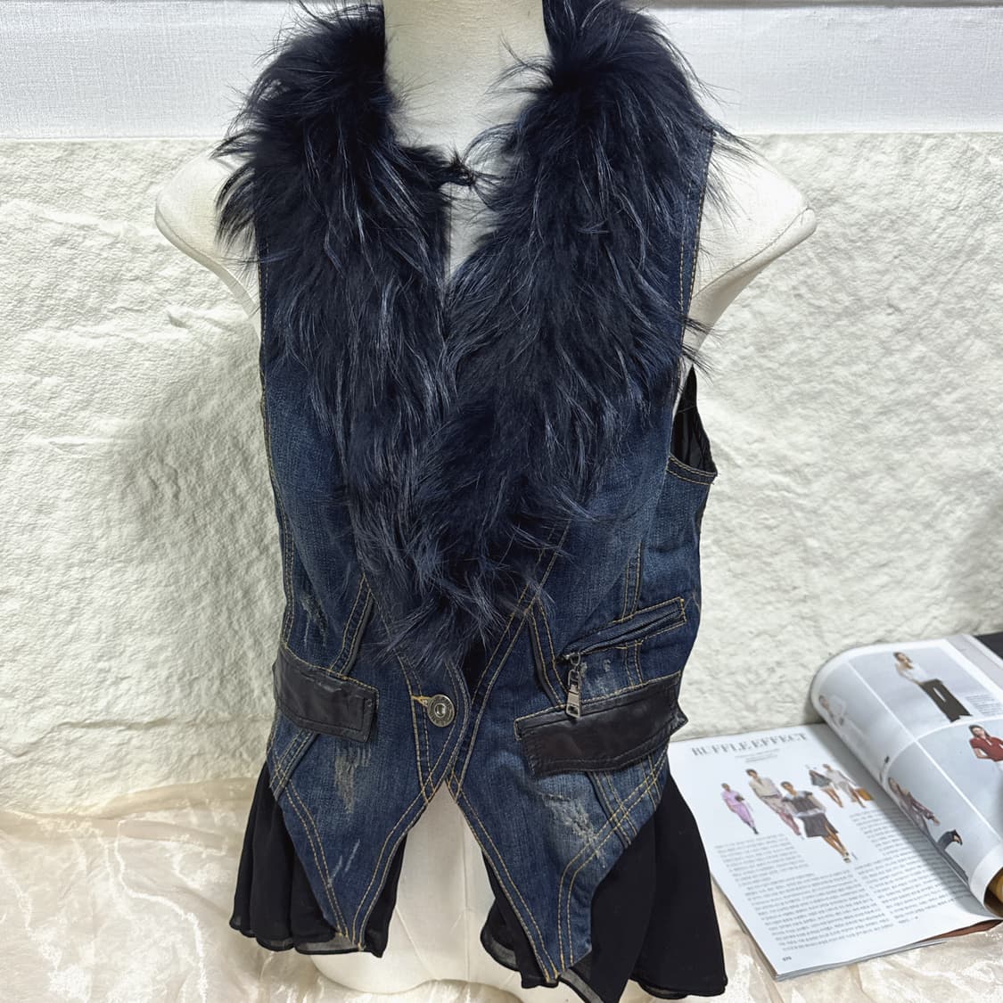 빈티지 고딕 워싱 데님 &양가죽&망사 라쿤퍼 조끼 베스트 상품이미지1