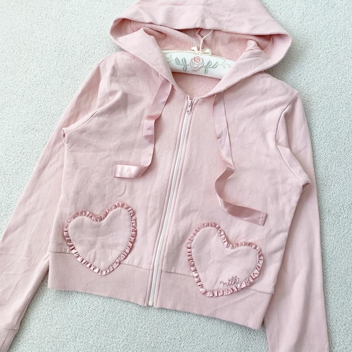 Milk 베이비핑크 하트포켓 후드집업 상품이미지2