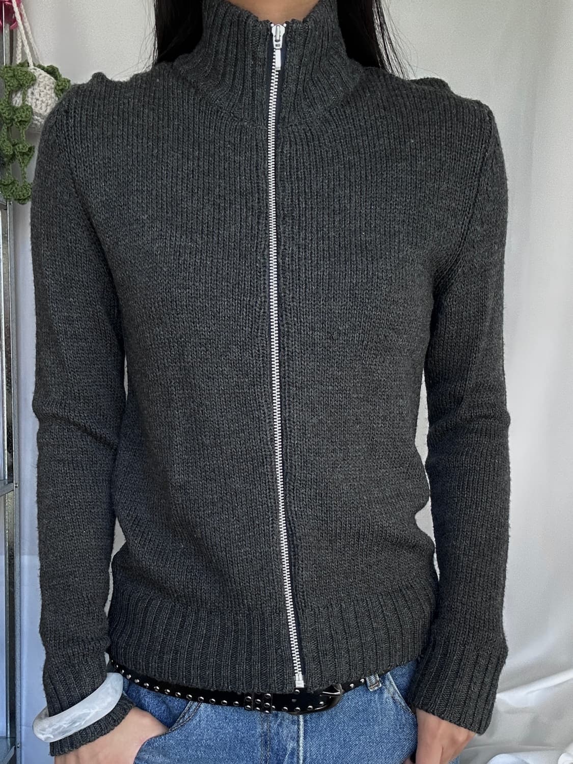 빈티지 울 풀집업 차콜 니트 가디건 상품이미지2