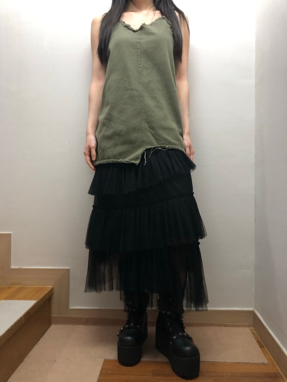 빈티지 카키 코튼 슬리브리스 상품이미지3