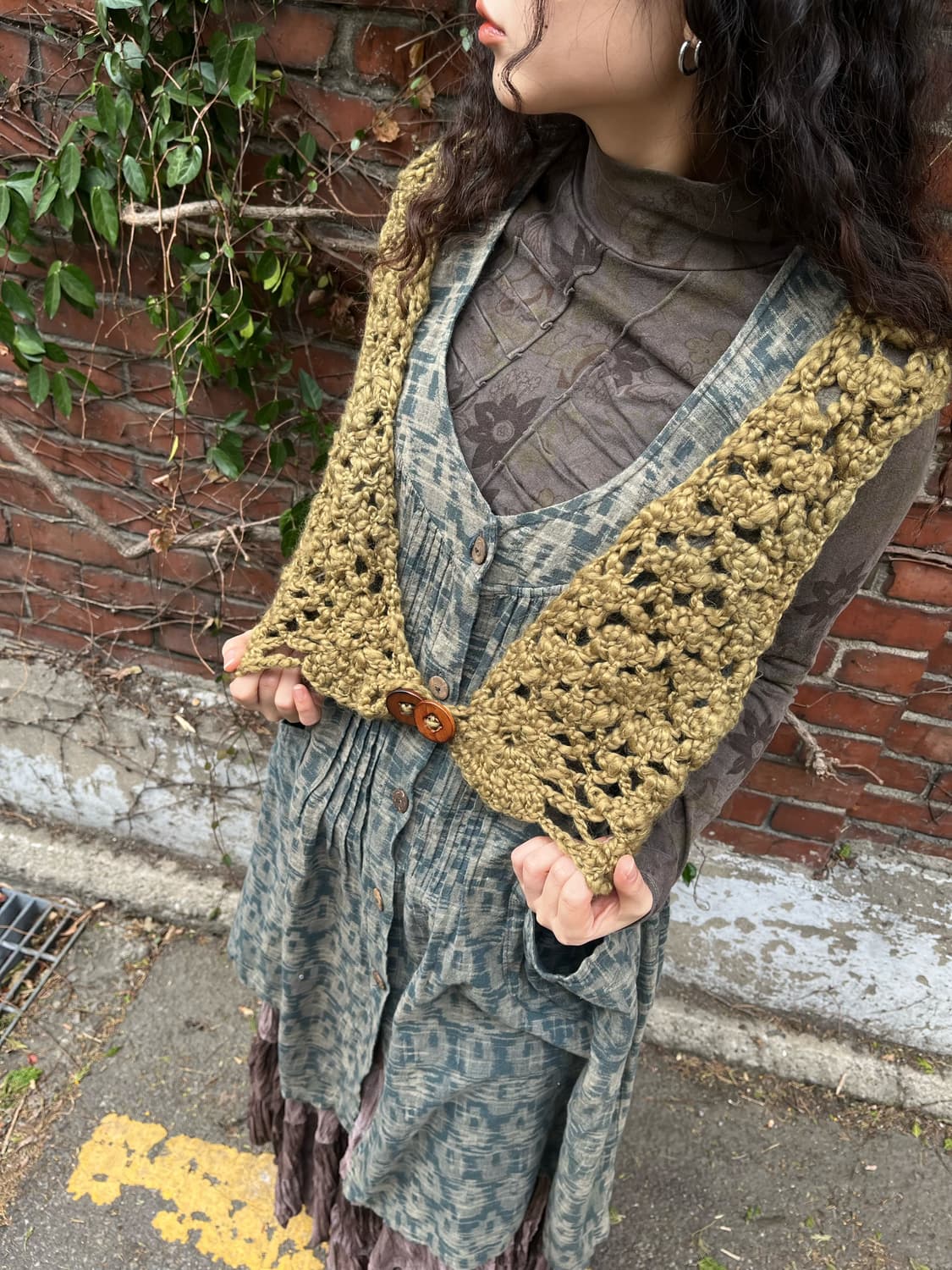 빈티지 카키 그린 그물 니트 베스트 상품이미지3