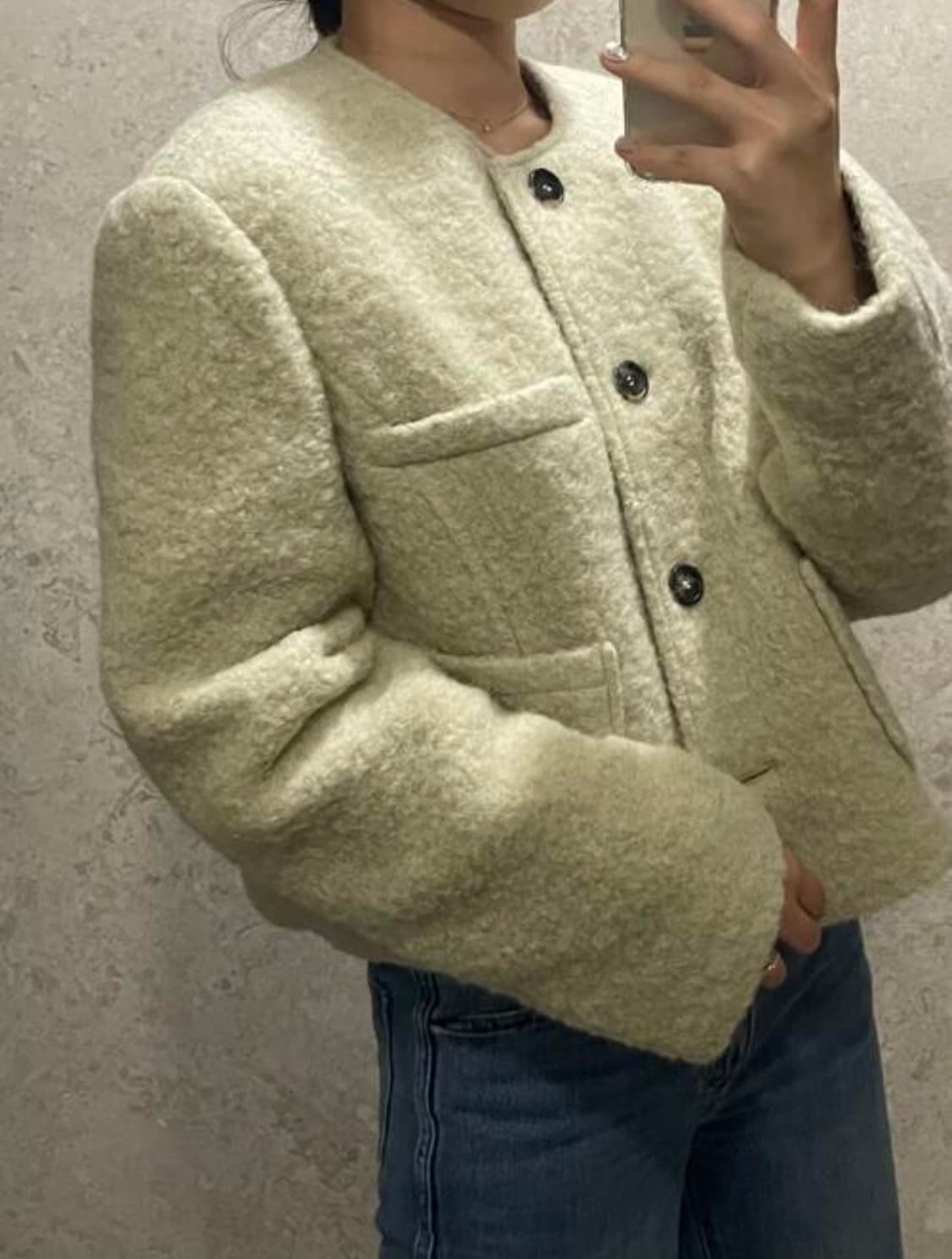 택O) 다이애그널 덤블 노 카라 자켓 베이지 [박규영 착용] 상품이미지3