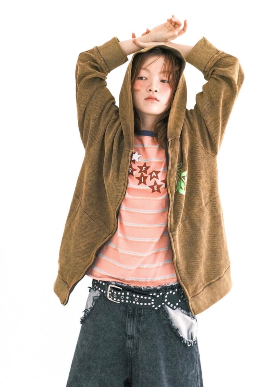 샵페어리 컬러 워싱 와플집업 브라운 상품이미지1