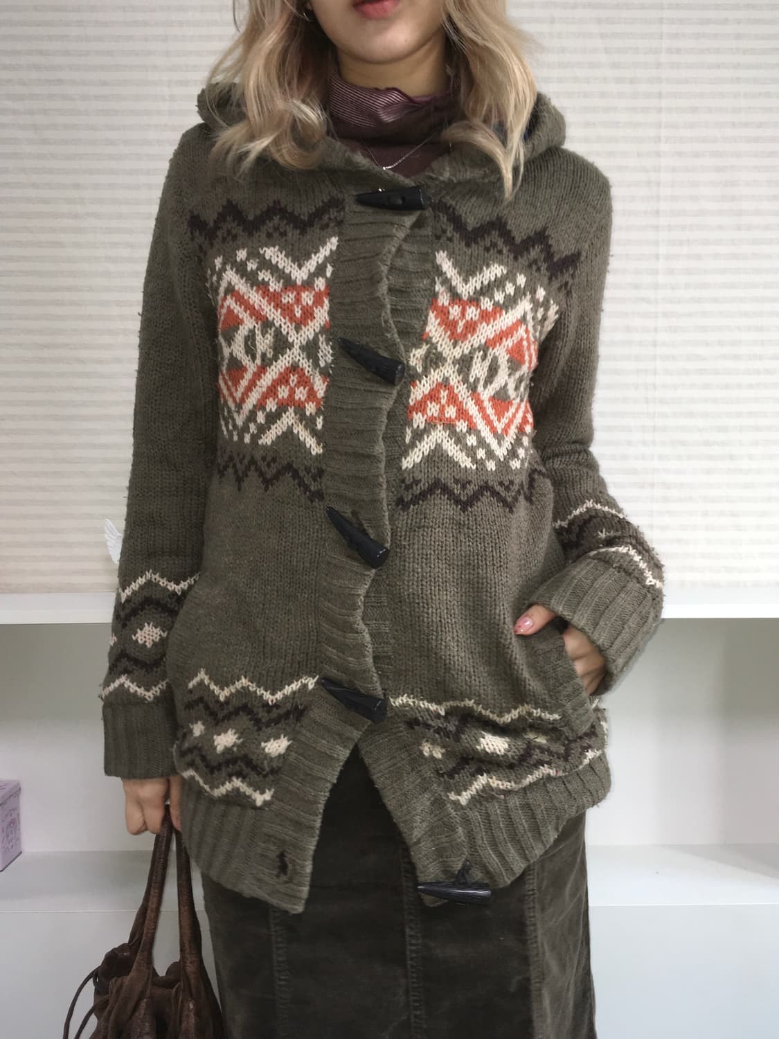 nordic khaki check hood heavy wool cardi 상품이미지2