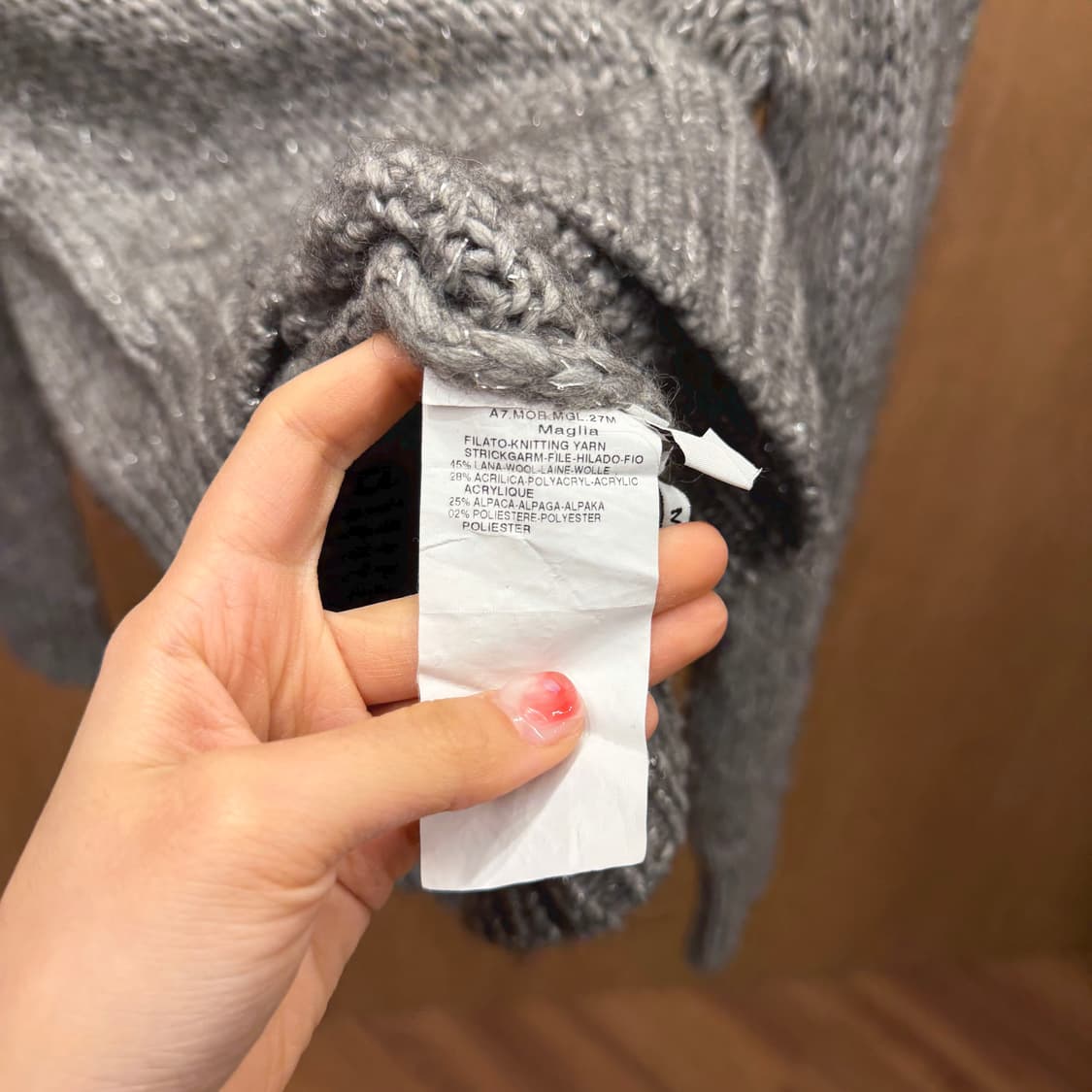 마렐라 스포츠 알파카 혼방 숄카라 니트 시보리 마감 디테일 그레이 멜란지 상품이미지7
