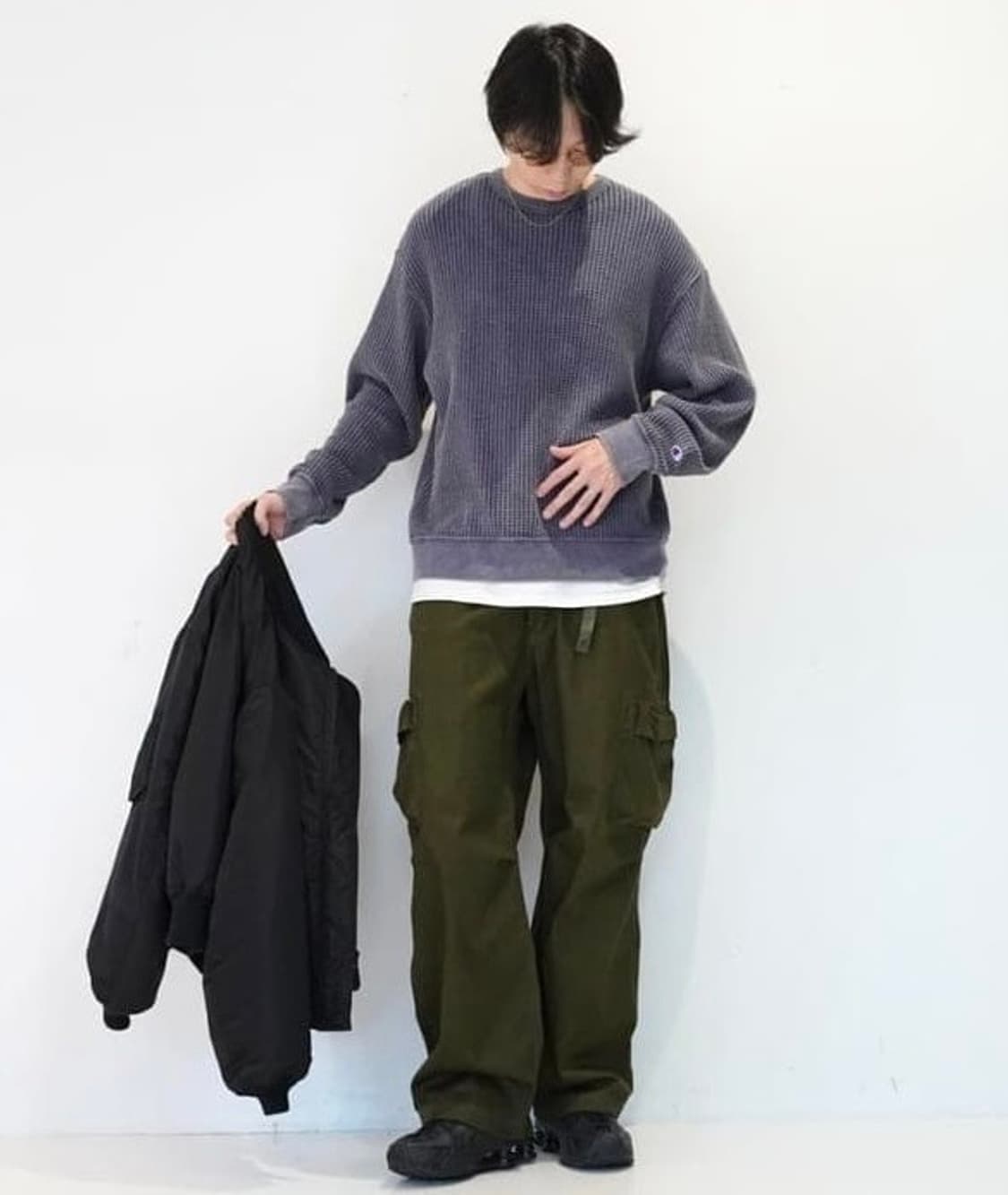 피온 x 빔즈 와플 롱슬리브 카본 블루 L 미개봉 판매합니다. 상품이미지5