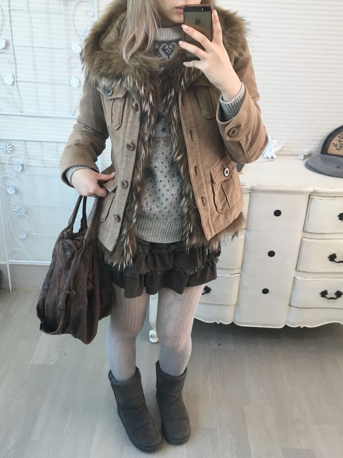 Vintage camel brown fur trimming jumper 상품이미지2