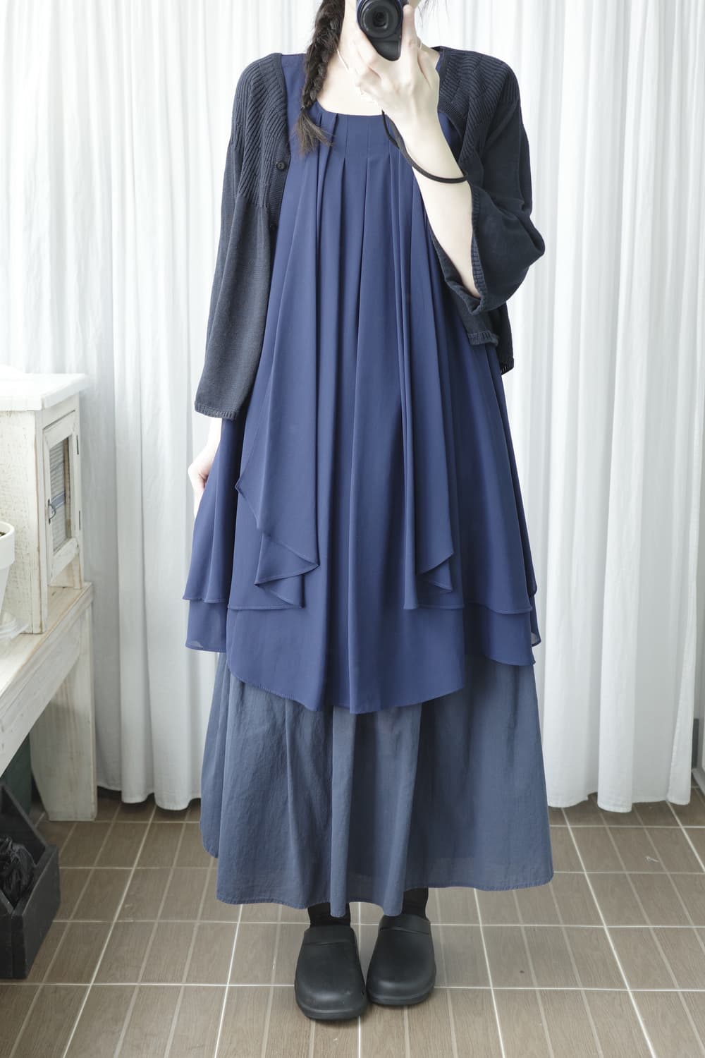 Navy flared long skirt 상품이미지3