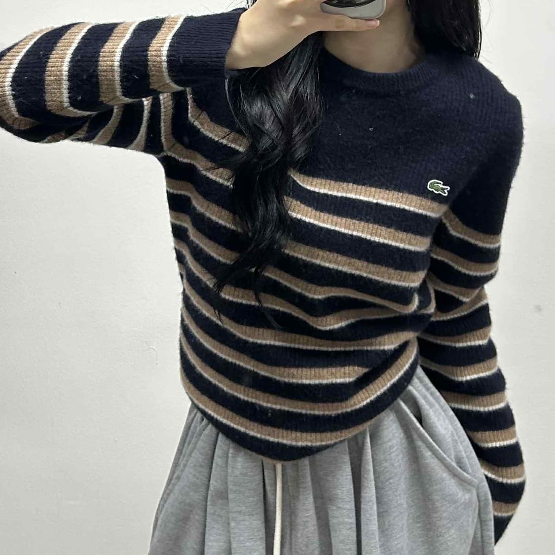 라코스테 스트라이프 울100% 핀터깔 크루넥 니트(100) 상품이미지1