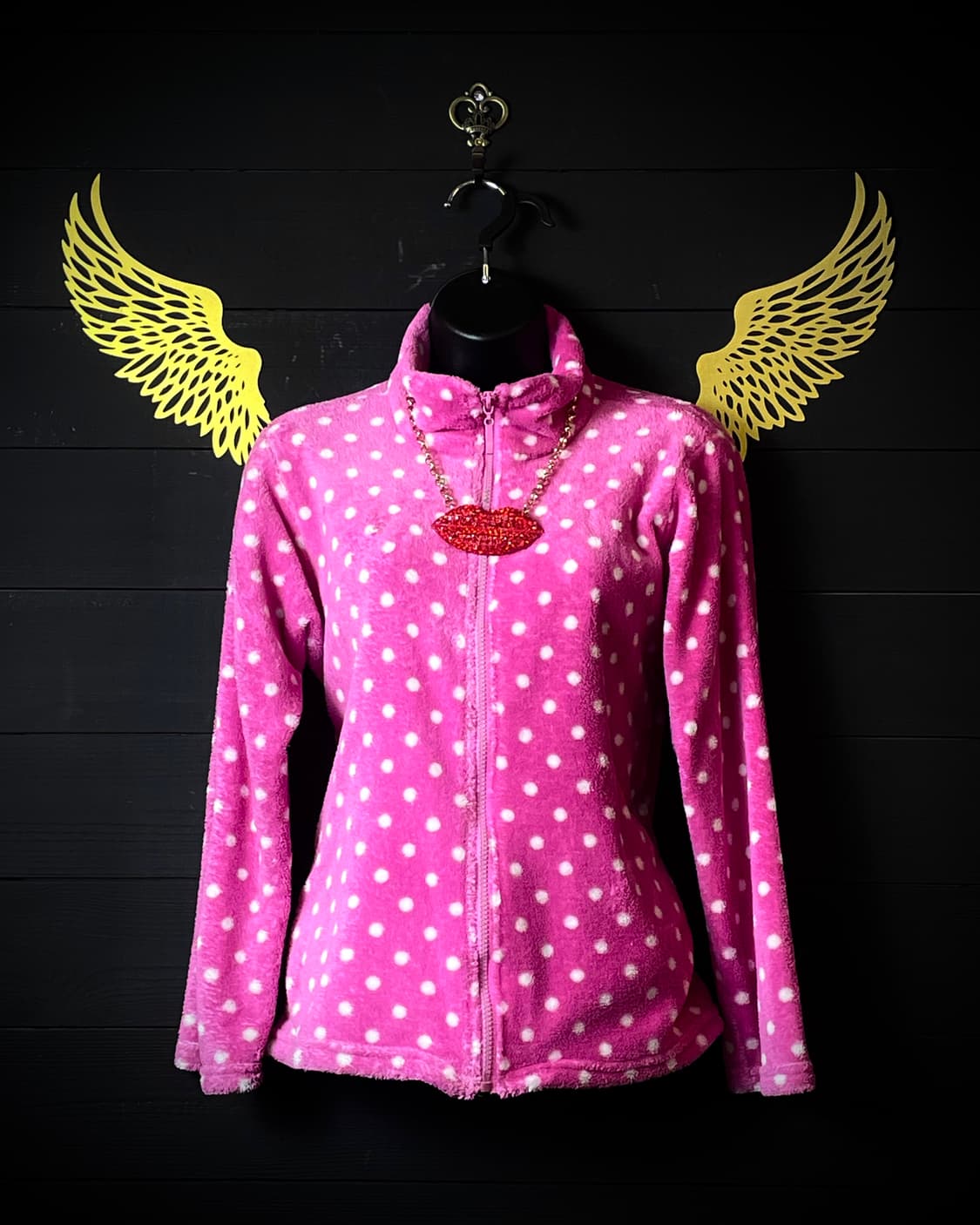 JPN 갸루 도트 패턴 쿨 핫핑크 퍼 후드집업 상품이미지1