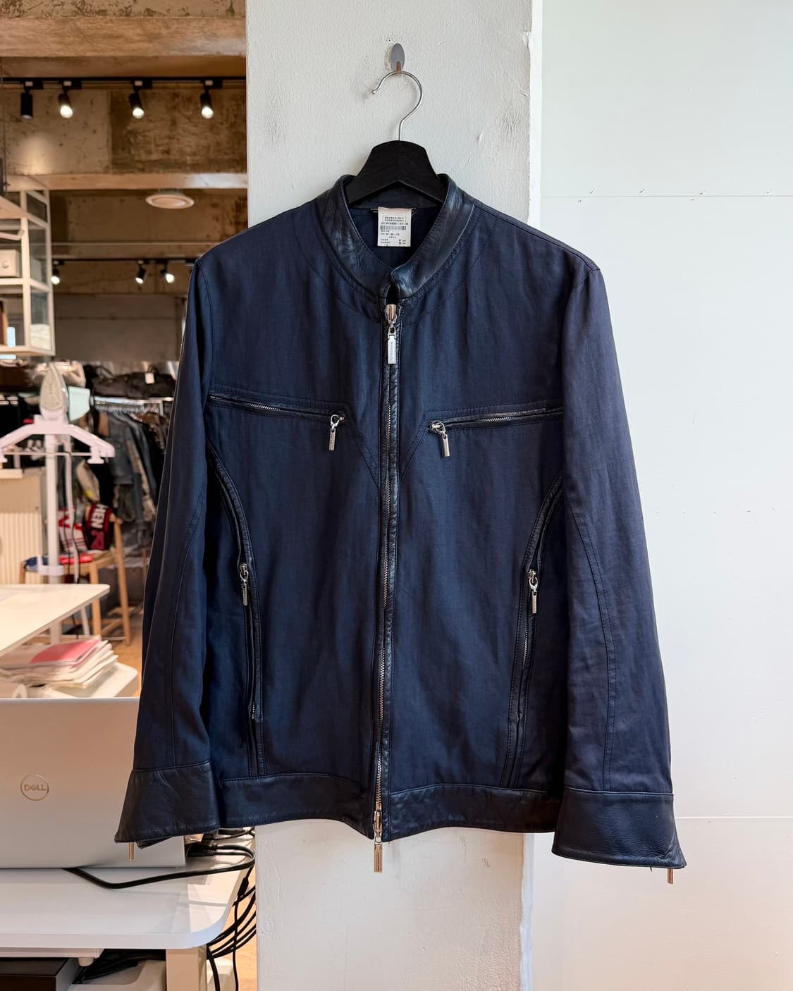 베르사체 네이비 린넨 레더 트림 블루종 자켓 상품이미지2