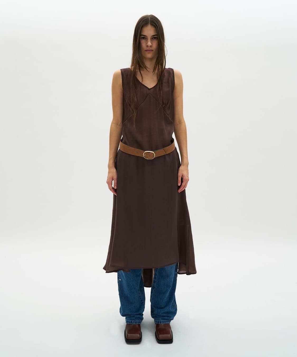 파르티멘토 다트 시스루 레이어드 원피스 브라운 M 새상품 상품이미지1