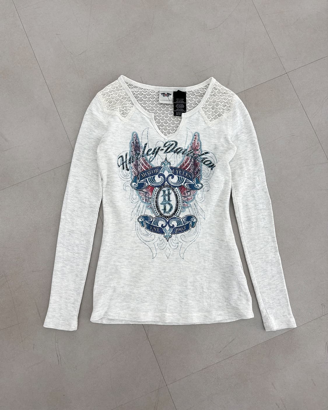 HARLEY DAVIDSON 숄더 레이스 배색 90s 그래픽 와플 티 상품이미지4