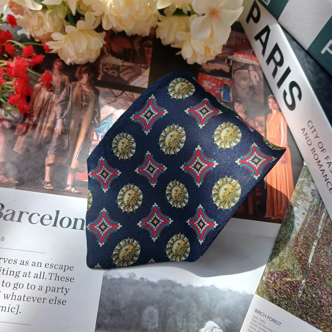 던힐 실크 네이비 태양 패턴 넥타이 9cm A+등급 E940 상품이미지3