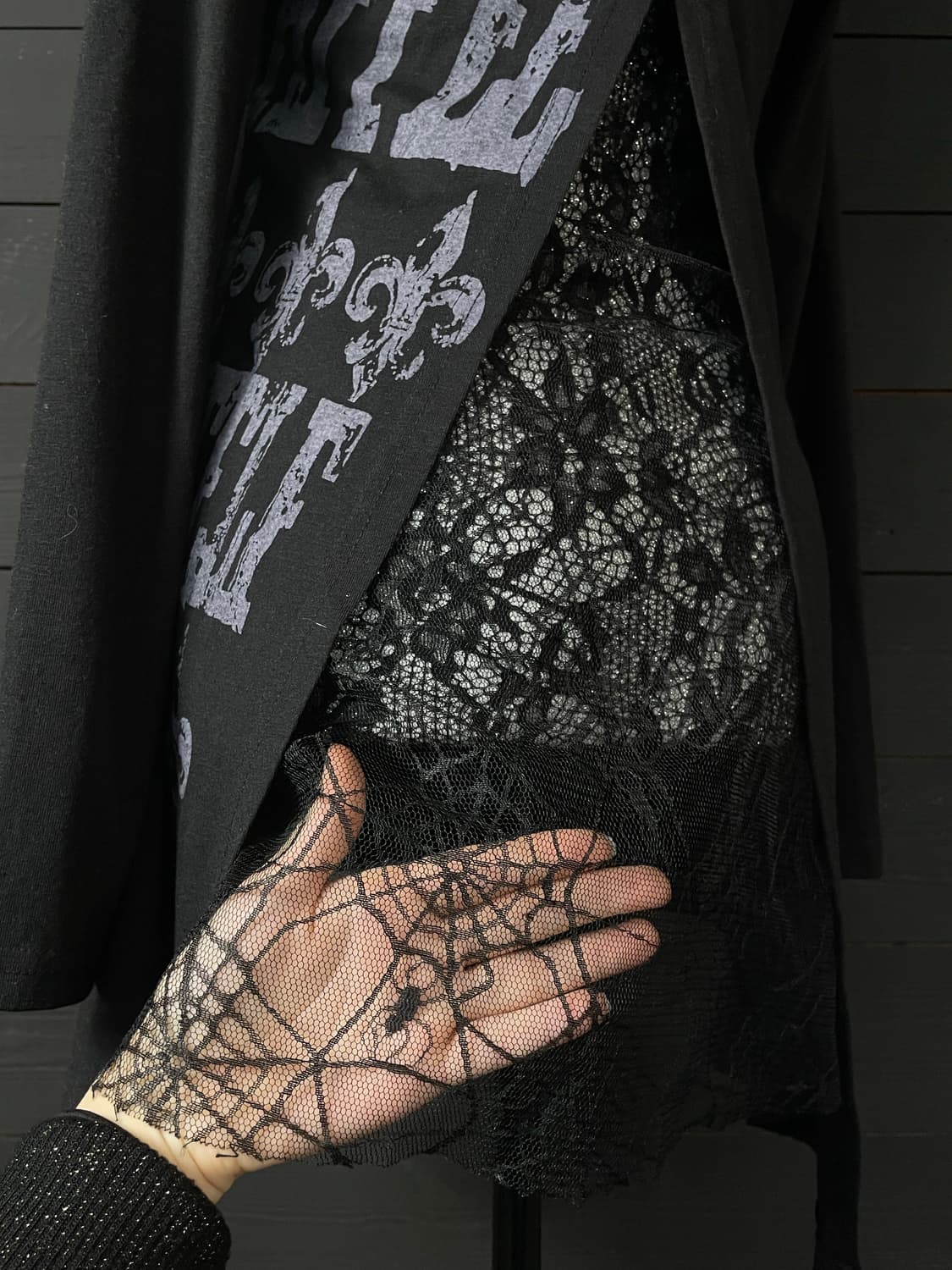 JPN 펑크 오픈 거미줄 레이스 퍼플 레터링 블랙 롱슬리브 상품이미지6