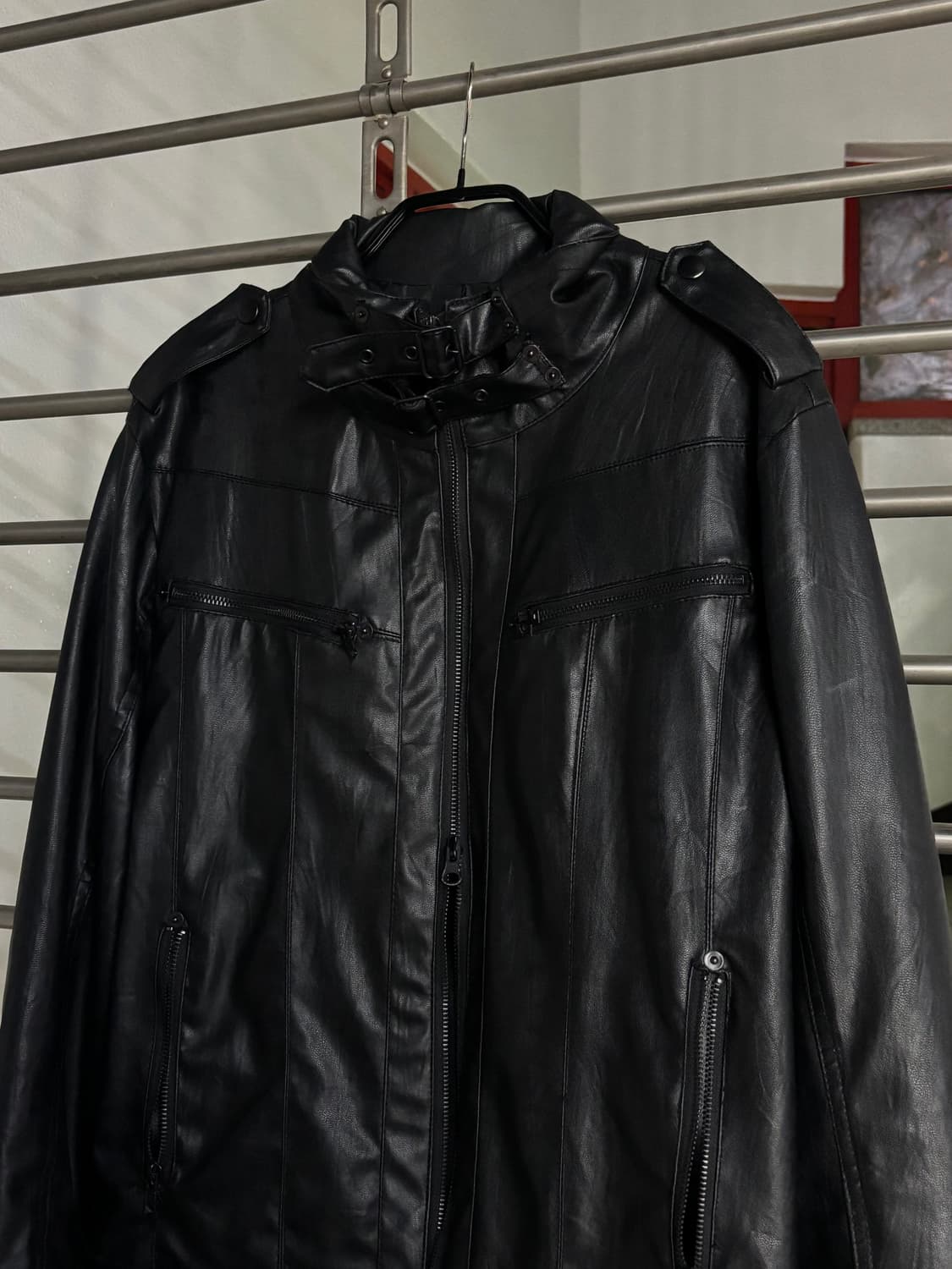 Buckle-Neck Vegan Leather Rider Jacket 상품이미지4