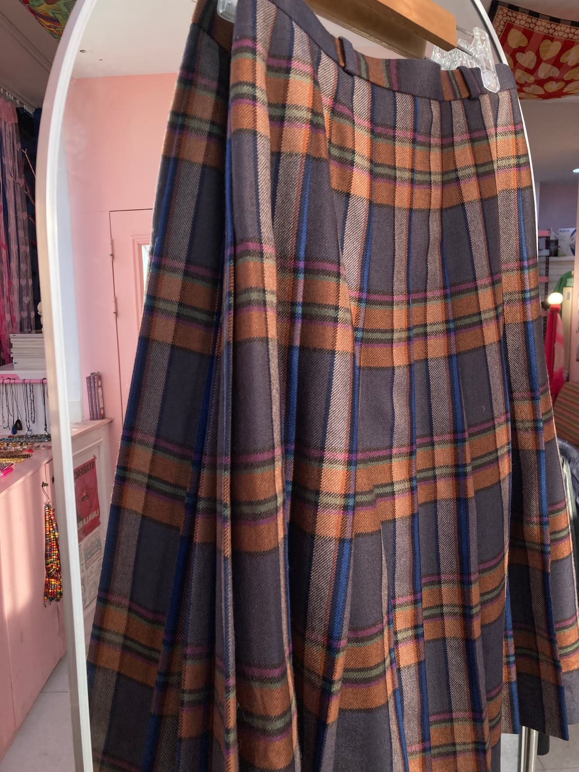 빈티지 울 브라운 체크 플리츠 미디 스커트 상품이미지5