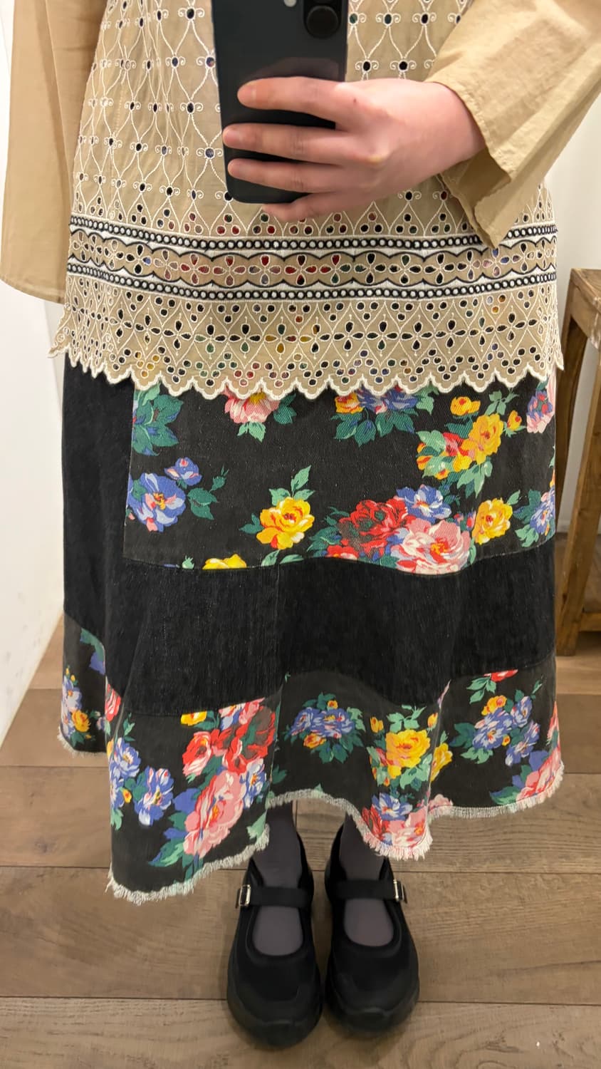 Floral Patchwork Flare Denim Skirt 상품이미지3