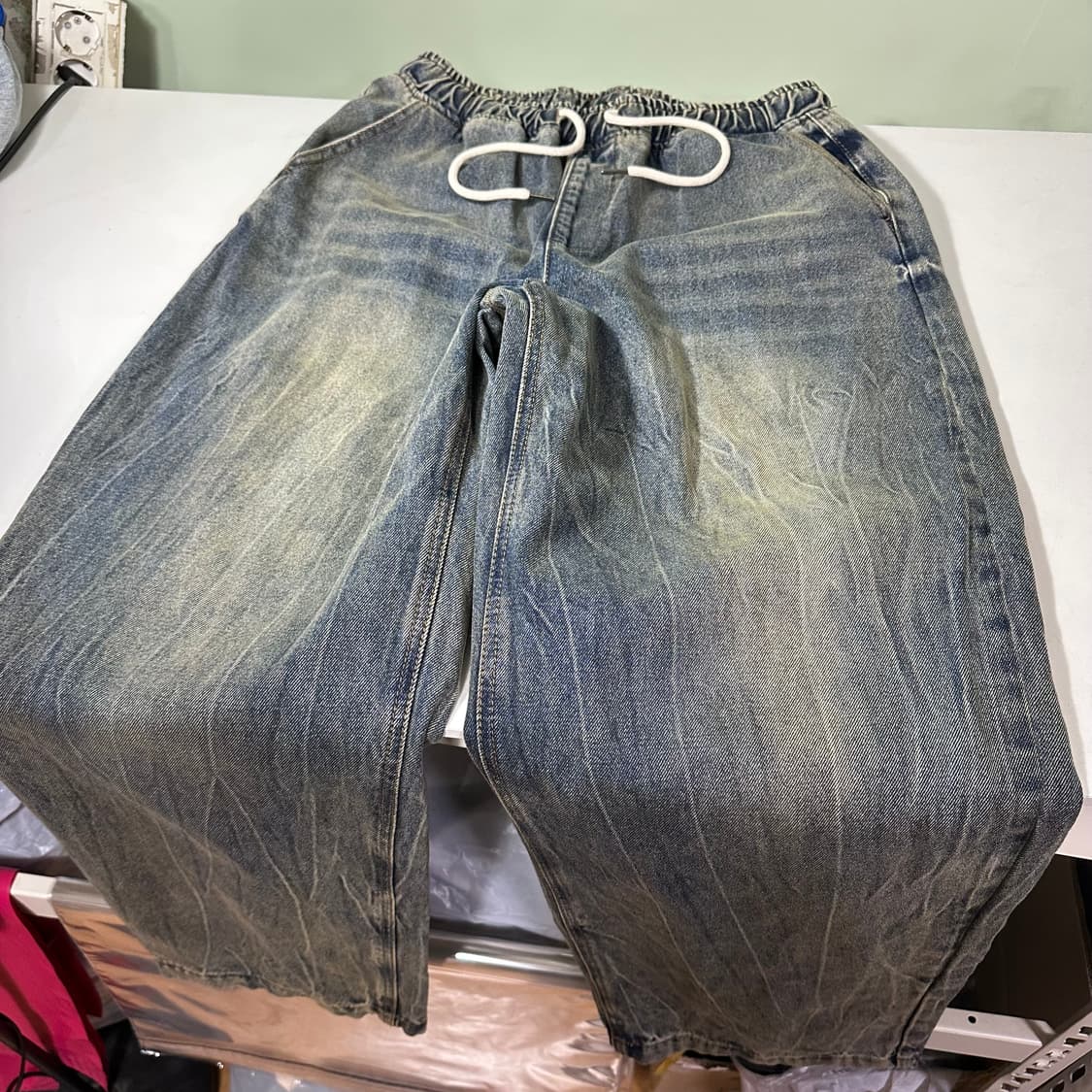 M 빈티지 와이드핏 썬더녹워시드 밴딩 데님팬츠 상품이미지2