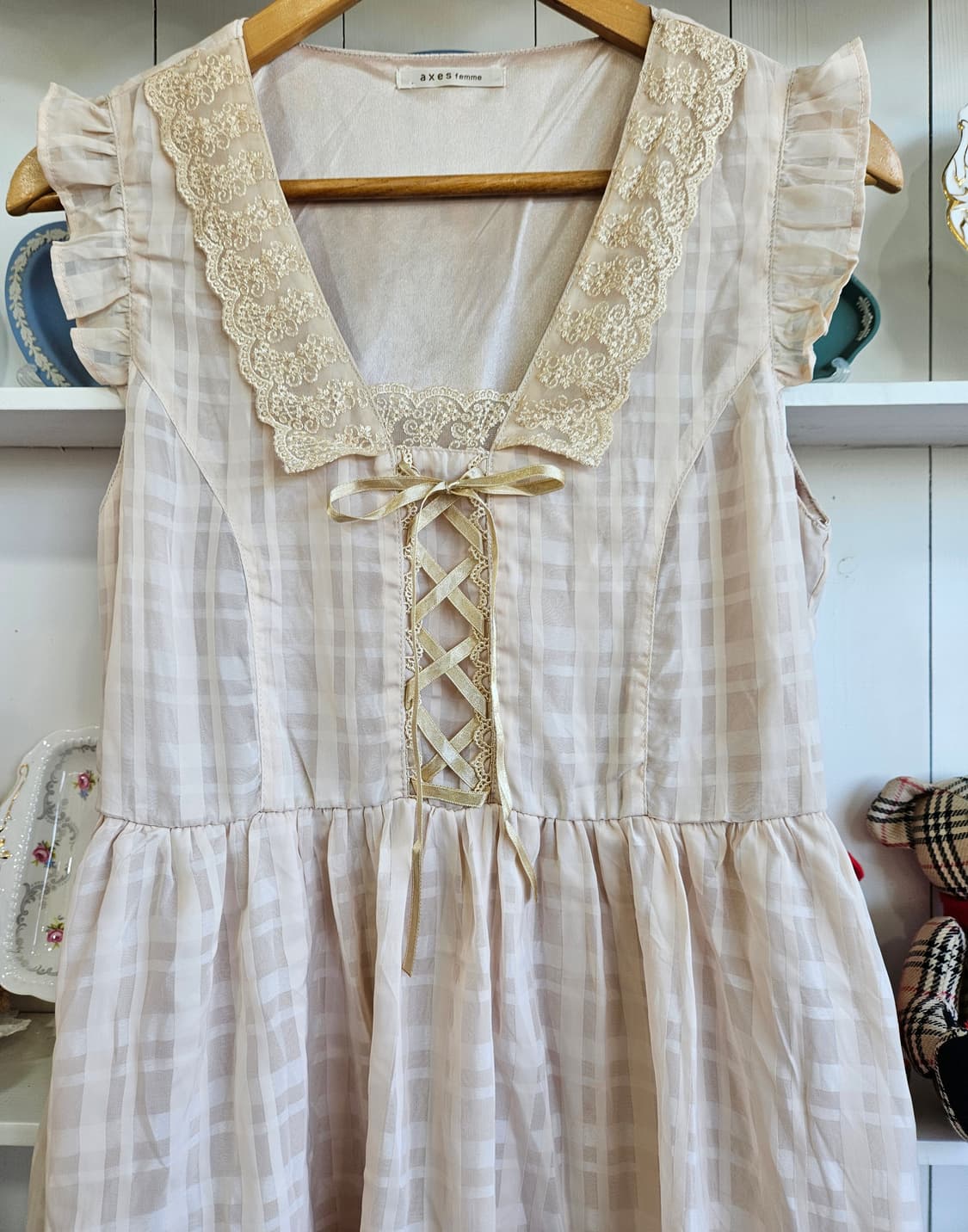 axes femme(엑시즈팜) 베이지 체크 레이스 원피스 상품이미지2