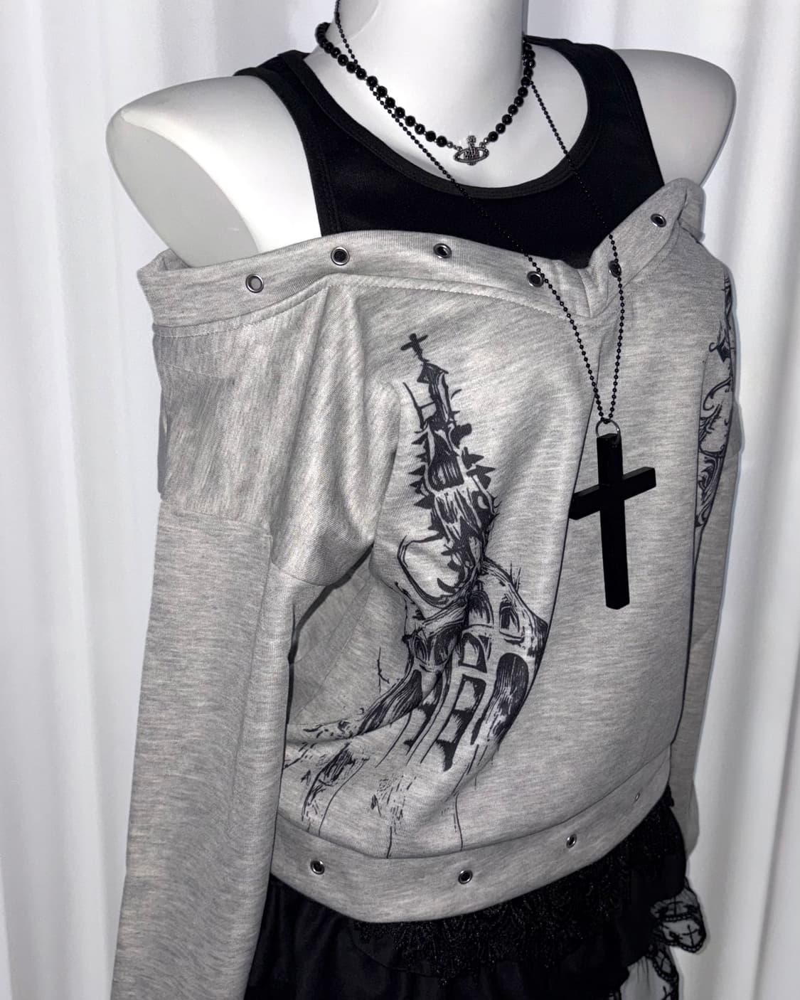 펑크 고딕 쿠로 갸루 맨투맨 레이어드 오프숄더 나나깔 상품이미지5