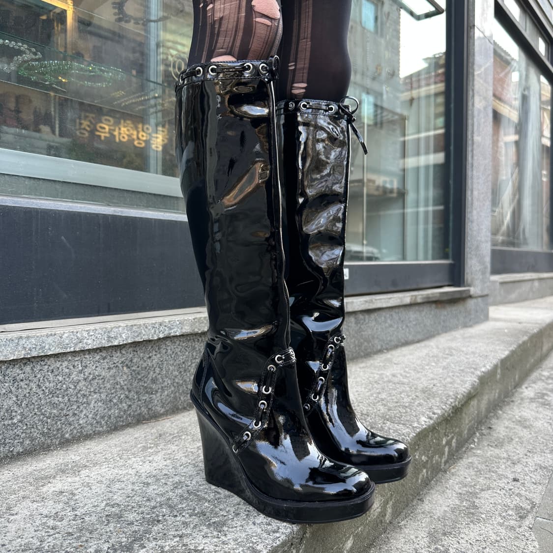 00s 빈티지 마이클 코어스 코셋 리본 웨지 롱 부츠 상품이미지1